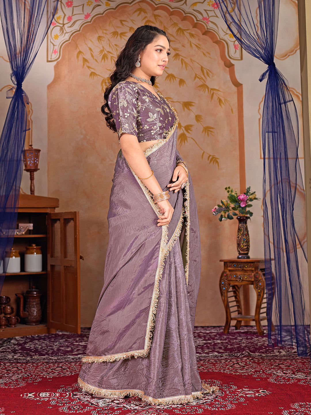 Womens Designer Crush Silk lace saree with Embroidery Blouse