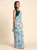 Girls Floral Printed  Ready to Wear Saree with Unstitched Velvet Sequin Blouse