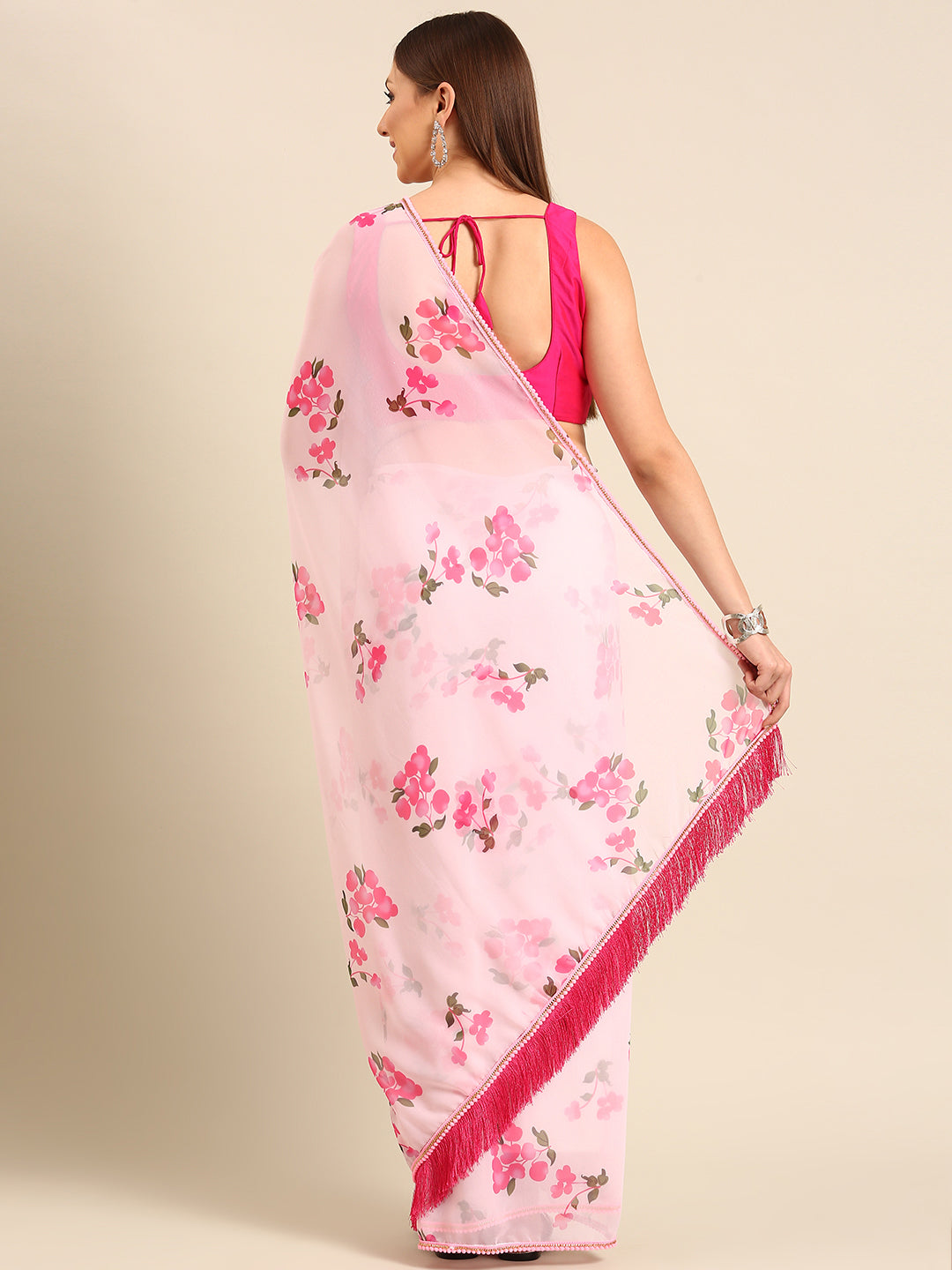 Womens Pure Georgette Pink floral Saree