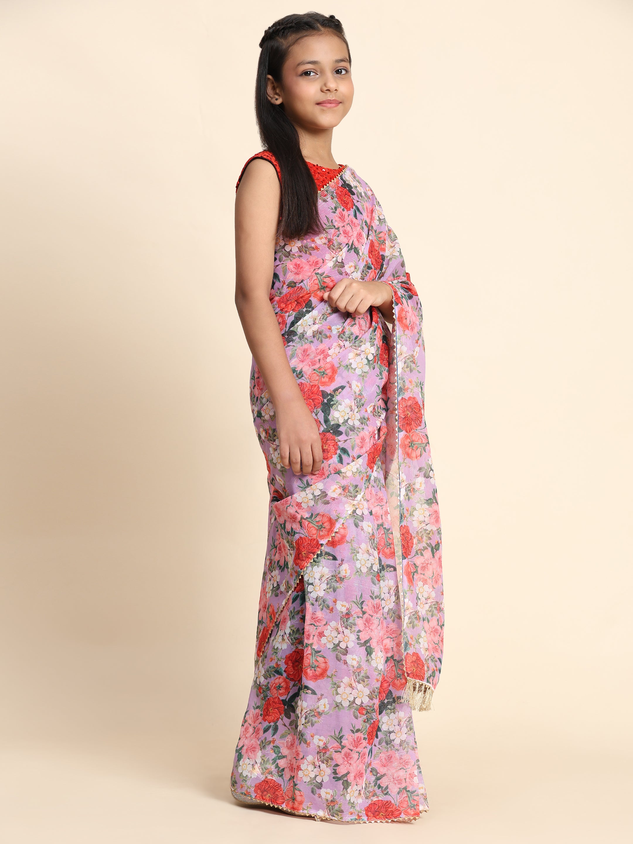 Girls Floral Printed  Ready to Wear Saree with Unstitched Velvet Sequin Blouse