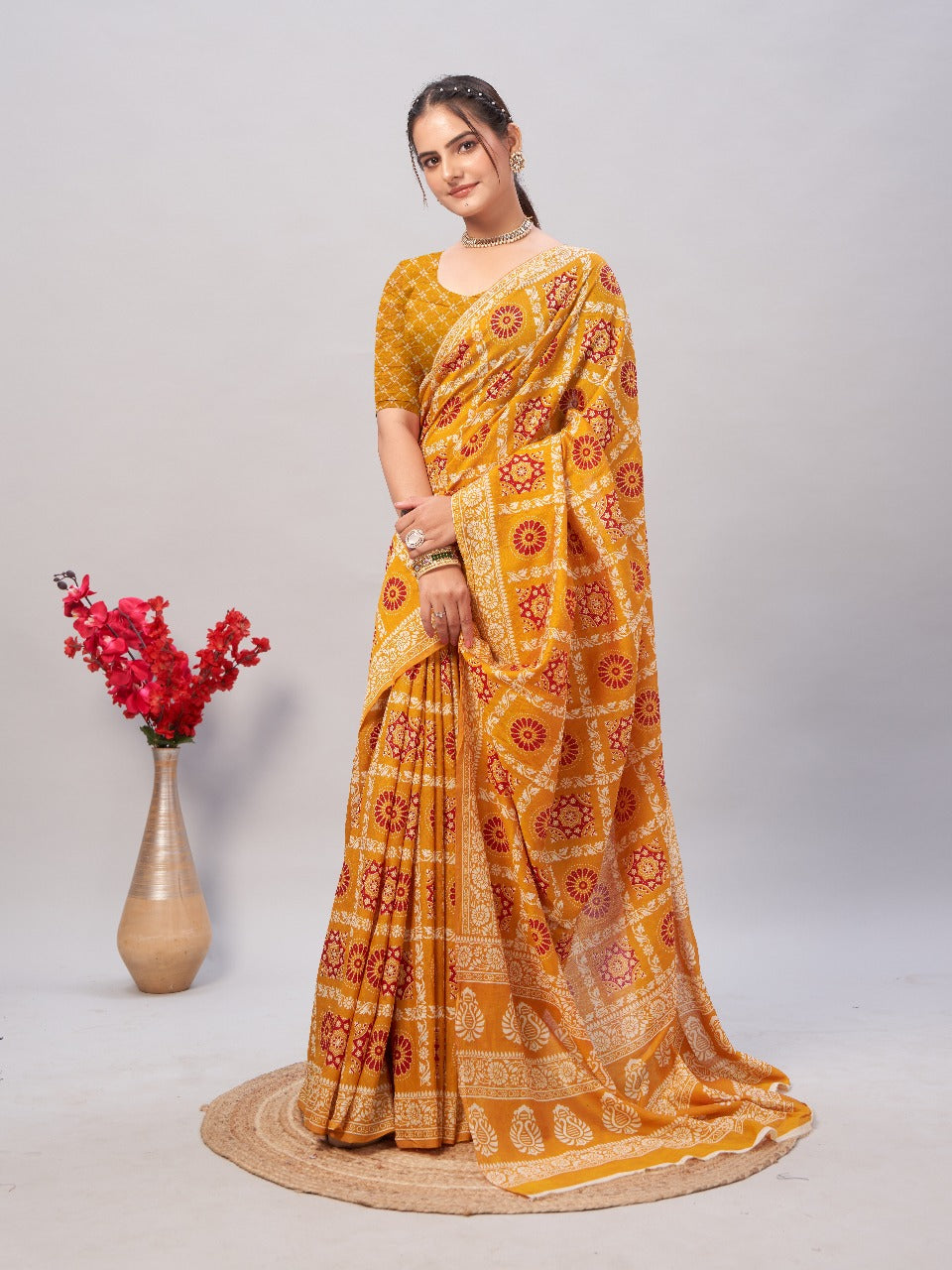 Womens Pure Mul Cotton Ajrakh Print Saree