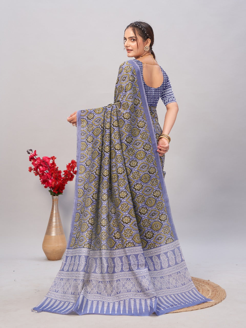 Womens Pure Mul Cotton Ajrakh Print Saree