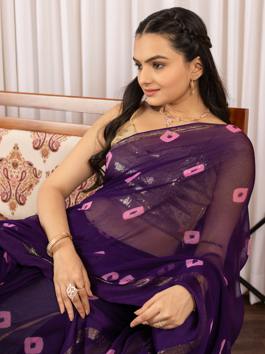 Womens Traditional Hand Bandhej Purple & Pink Saree
