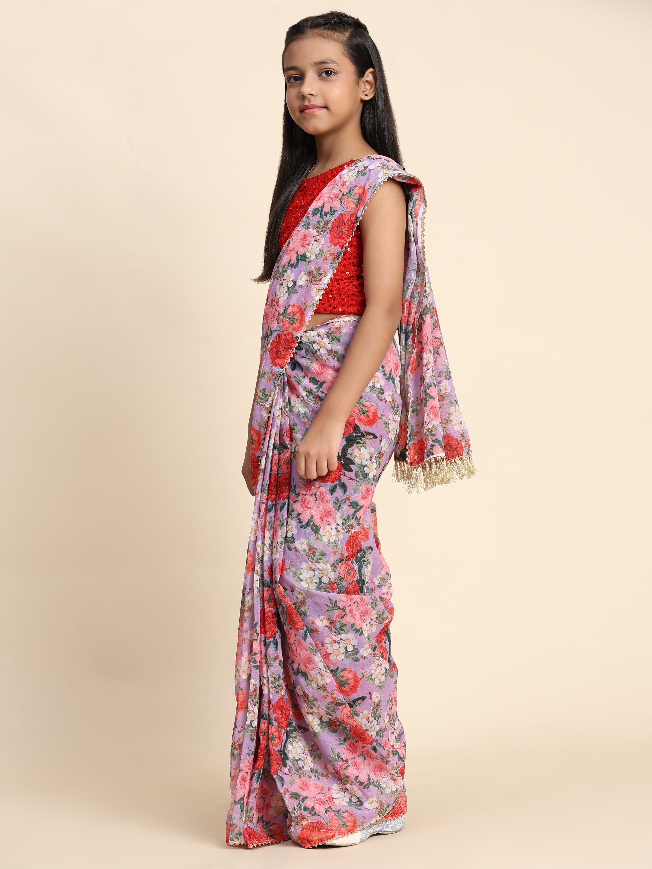 Girls Floral Printed  Ready to Wear Saree with Unstitched Velvet Sequin Blouse
