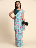 Girls Floral Printed  Ready to Wear Saree with Unstitched Velvet Sequin Blouse