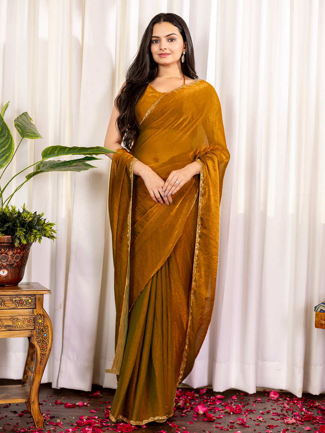 Pure two tone Fendi Chiffon Lace Embroidery Saree