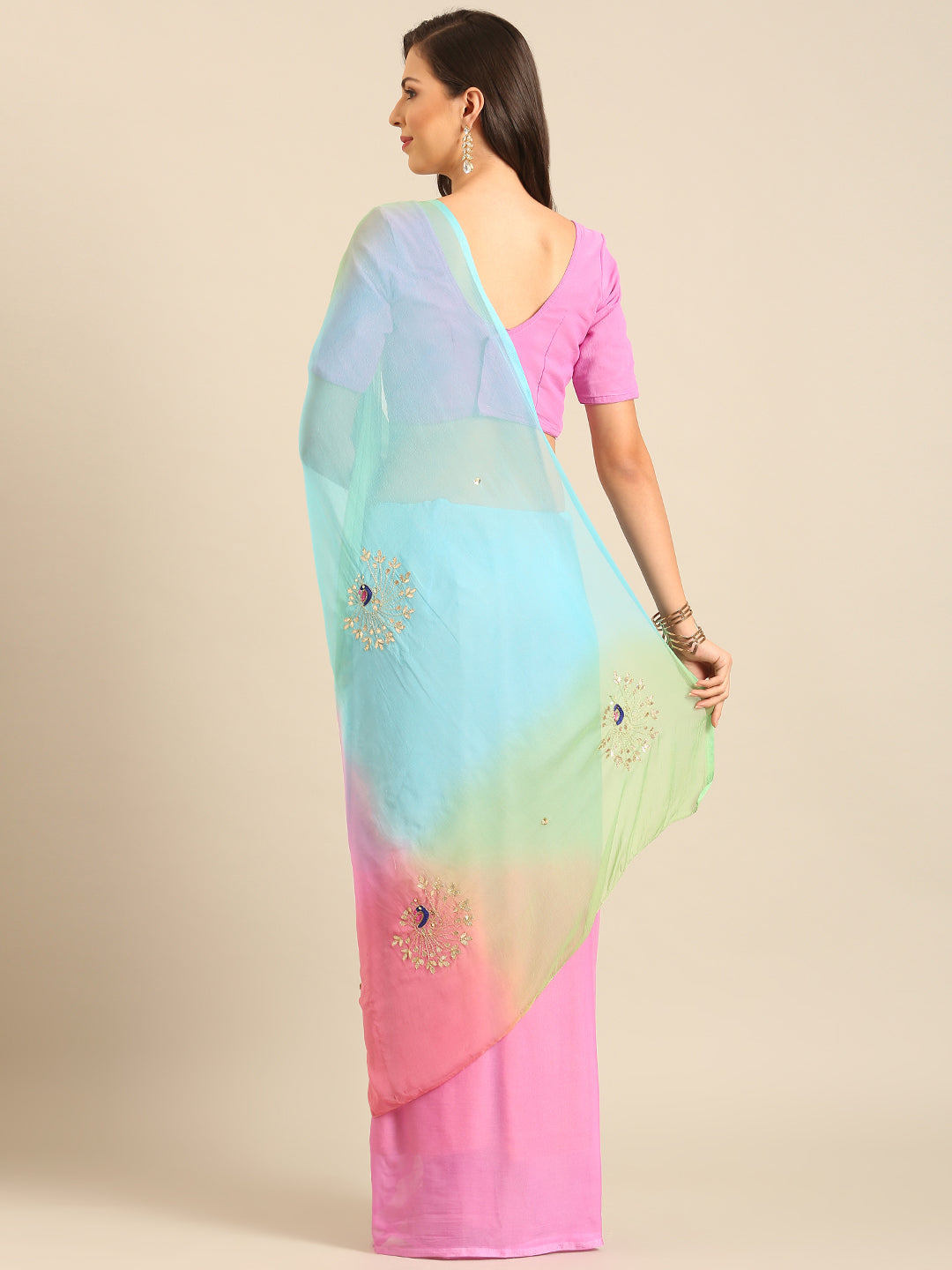 Pure Chiffon Hand Dyed Embroiderd Saree