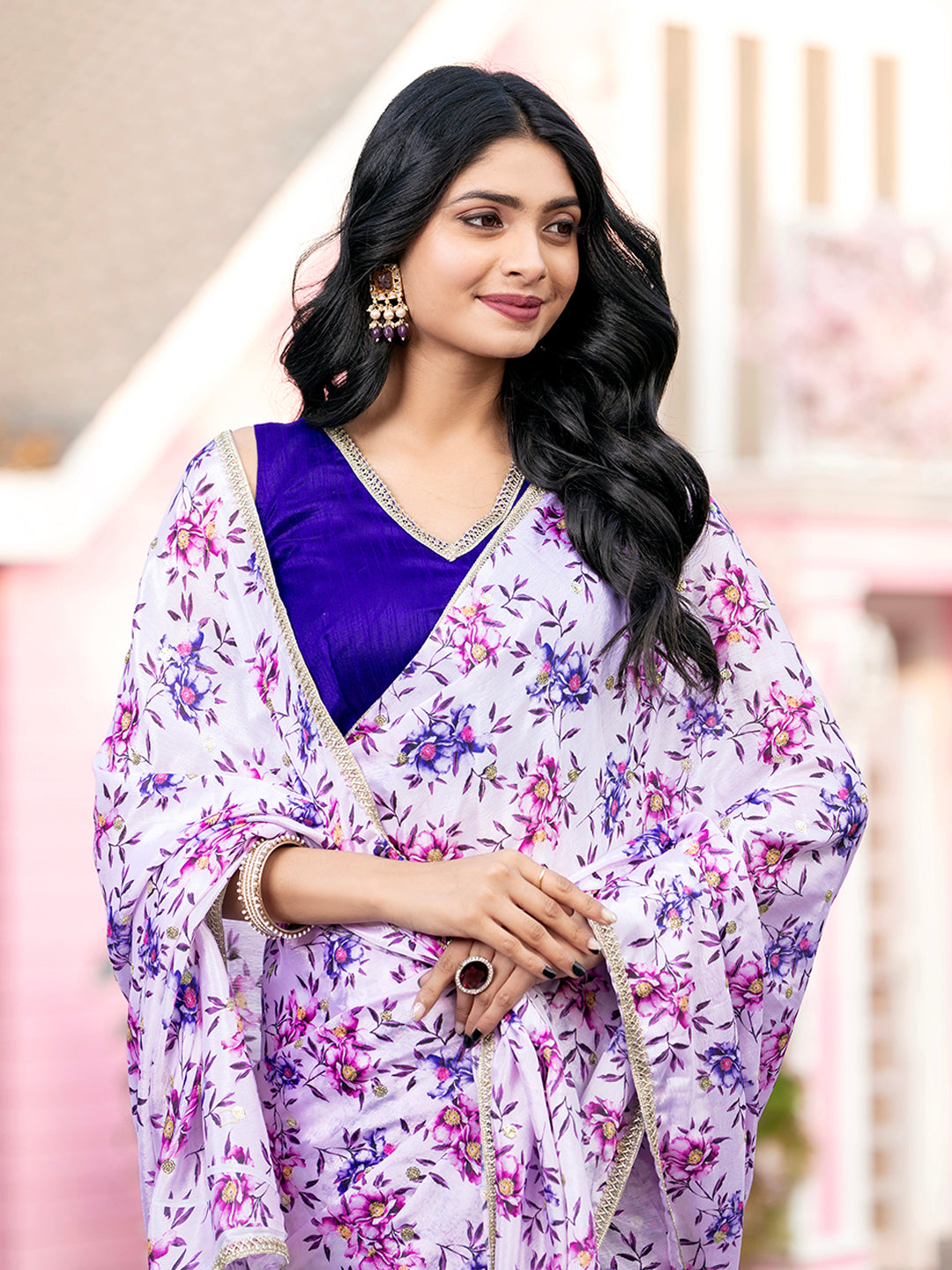 Pure Chinon Floral Printed Sequence Embroidery Saree