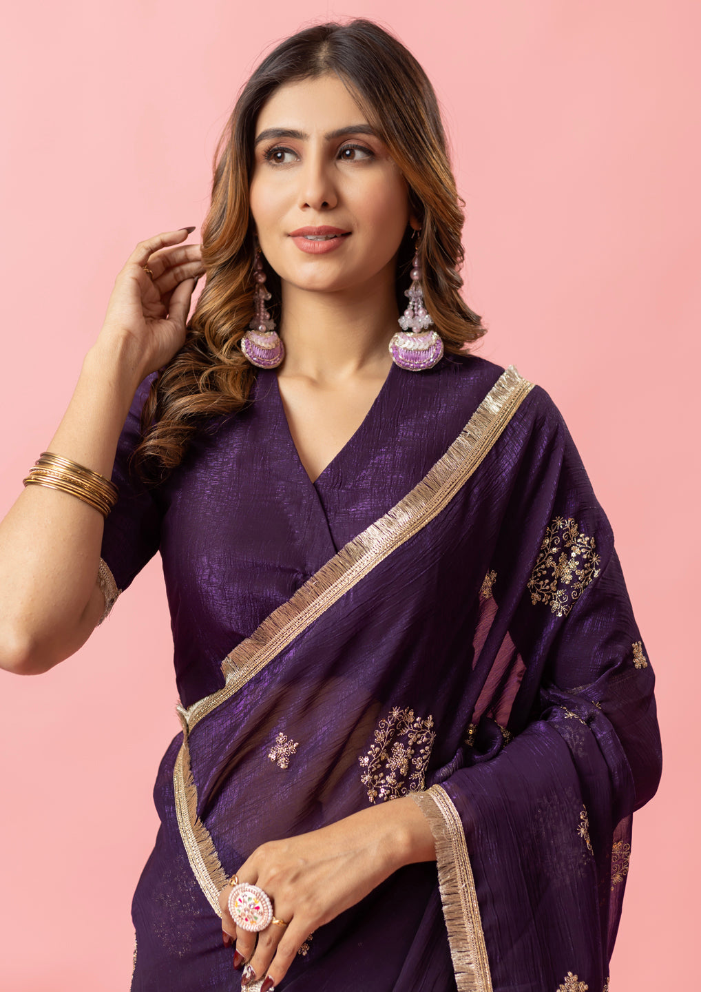 Womens Designer Crunchy Silk Chiffon Embroidery Saree