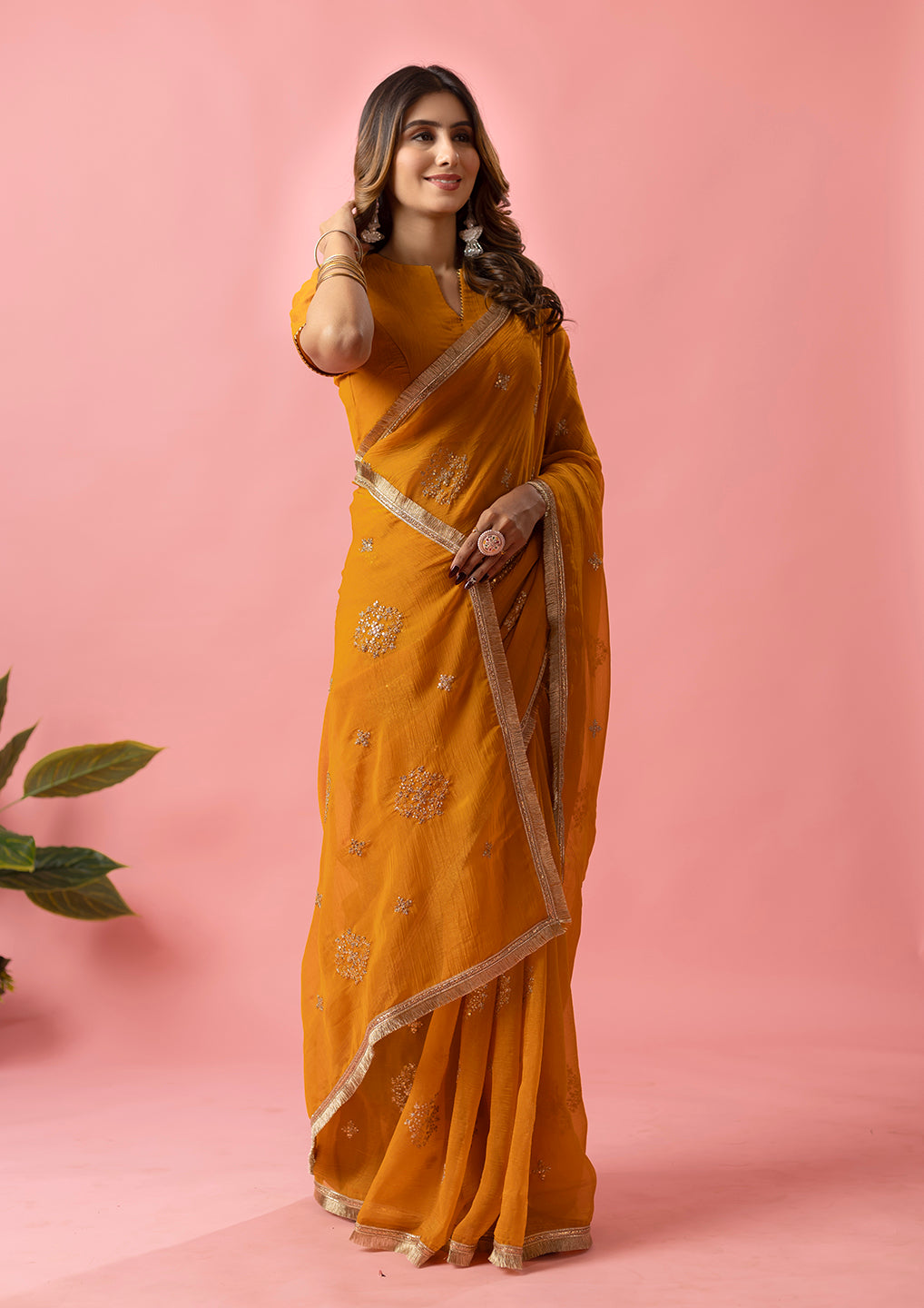 Womens Designer Crunchy Silk Chiffon Embroidery Saree