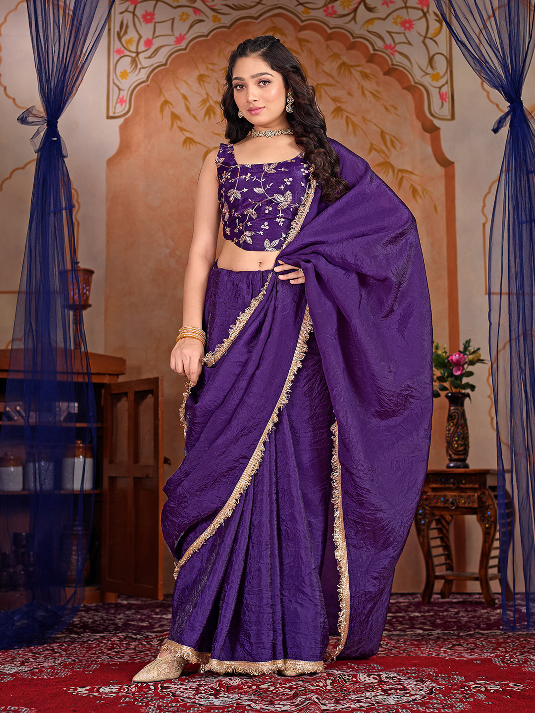 Womens Designer Crush Silk lace saree with Embroidery Blouse