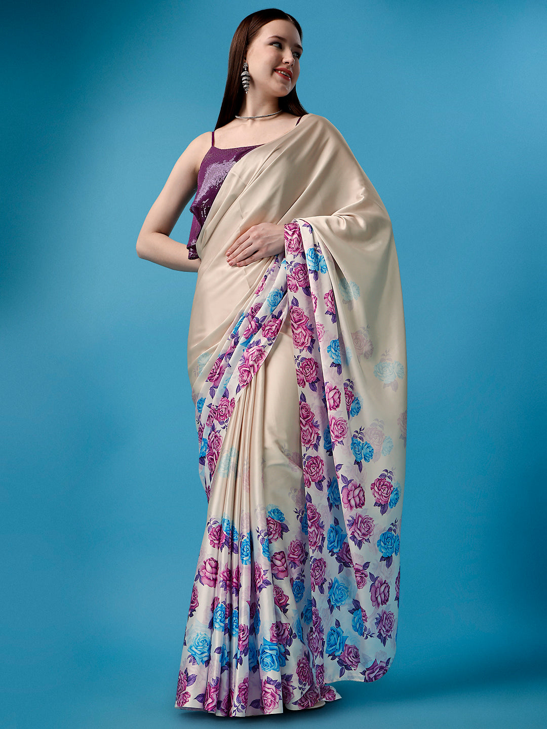 Womens Designer Ivory Printed Saree with Purple Sequence Blouse