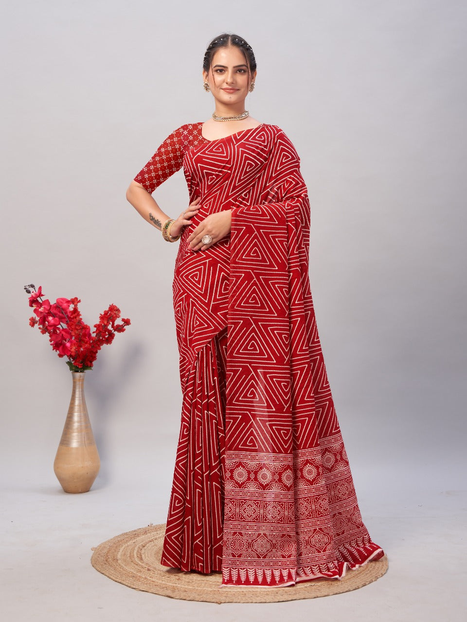 Womens Pure Mul Cotton Ajrakh Print Saree