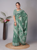 Womens Pure Mul Cotton Batik Print Green Saree