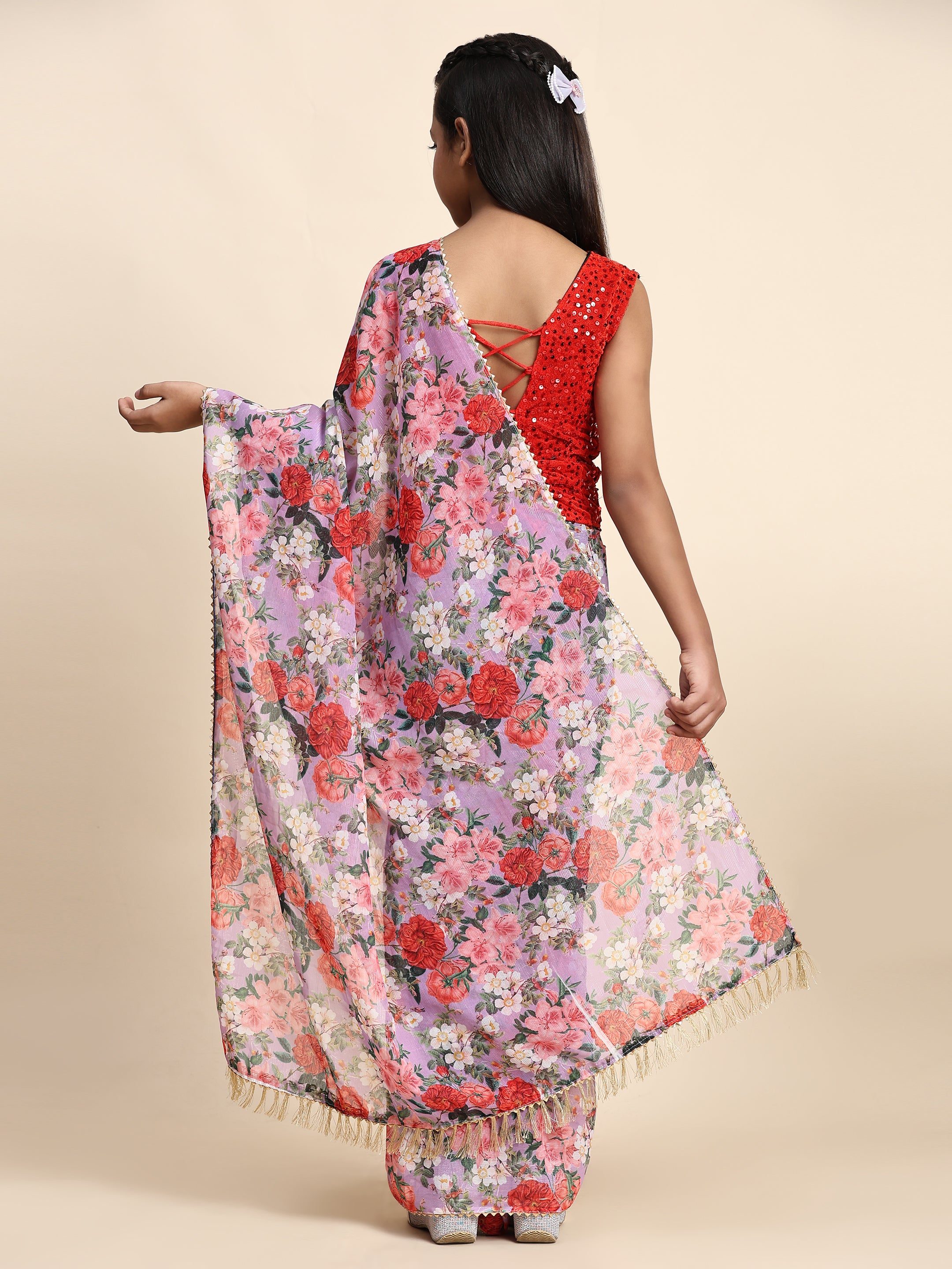 Girls Floral Printed  Ready to Wear Saree with Unstitched Velvet Sequin Blouse