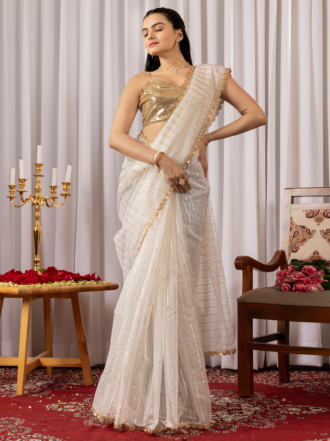 Womens Designer Sequence Embroidery White Saree