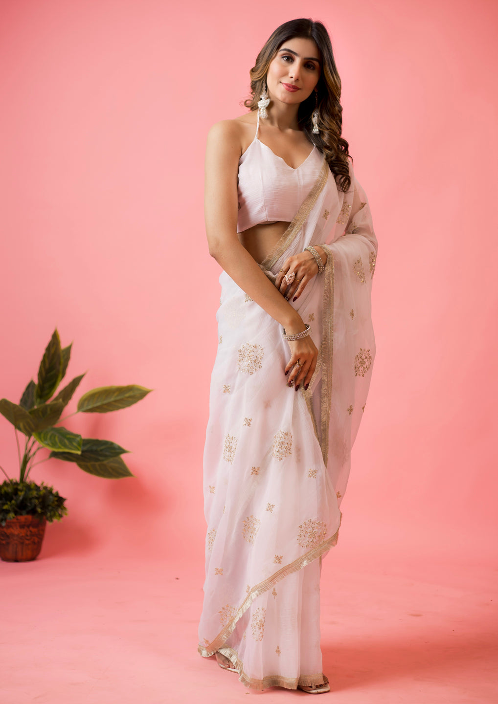 Womens Designer Crunchy Silk Chiffon Embroidery Saree