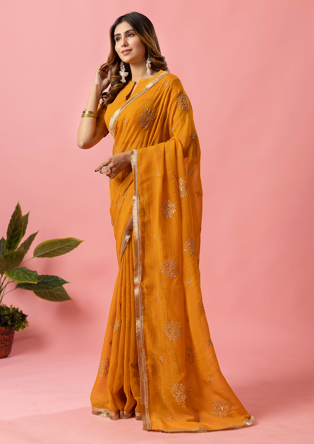 Womens Designer Crunchy Silk Chiffon Embroidery Saree