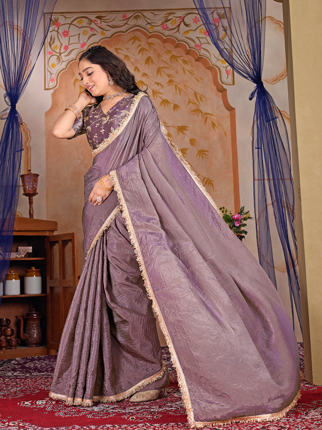 Womens Designer Crush Silk lace saree with Embroidery Blouse