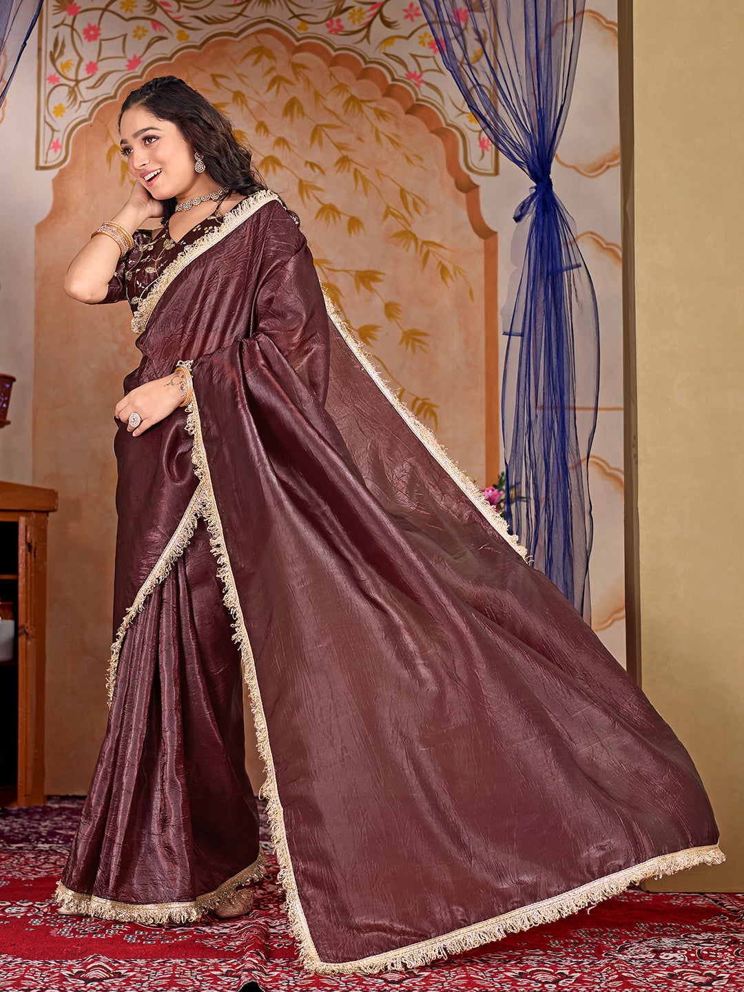Womens Designer Crush Silk lace saree with Embroidery Blouse