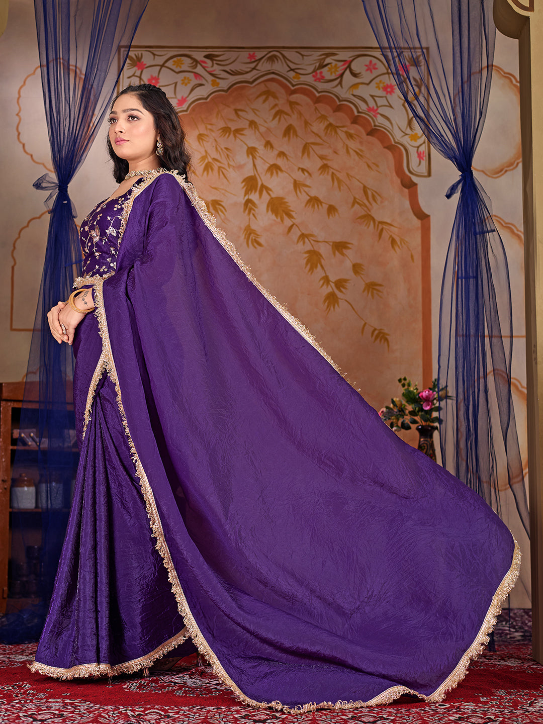 Womens Designer Crush Silk lace saree with Embroidery Blouse