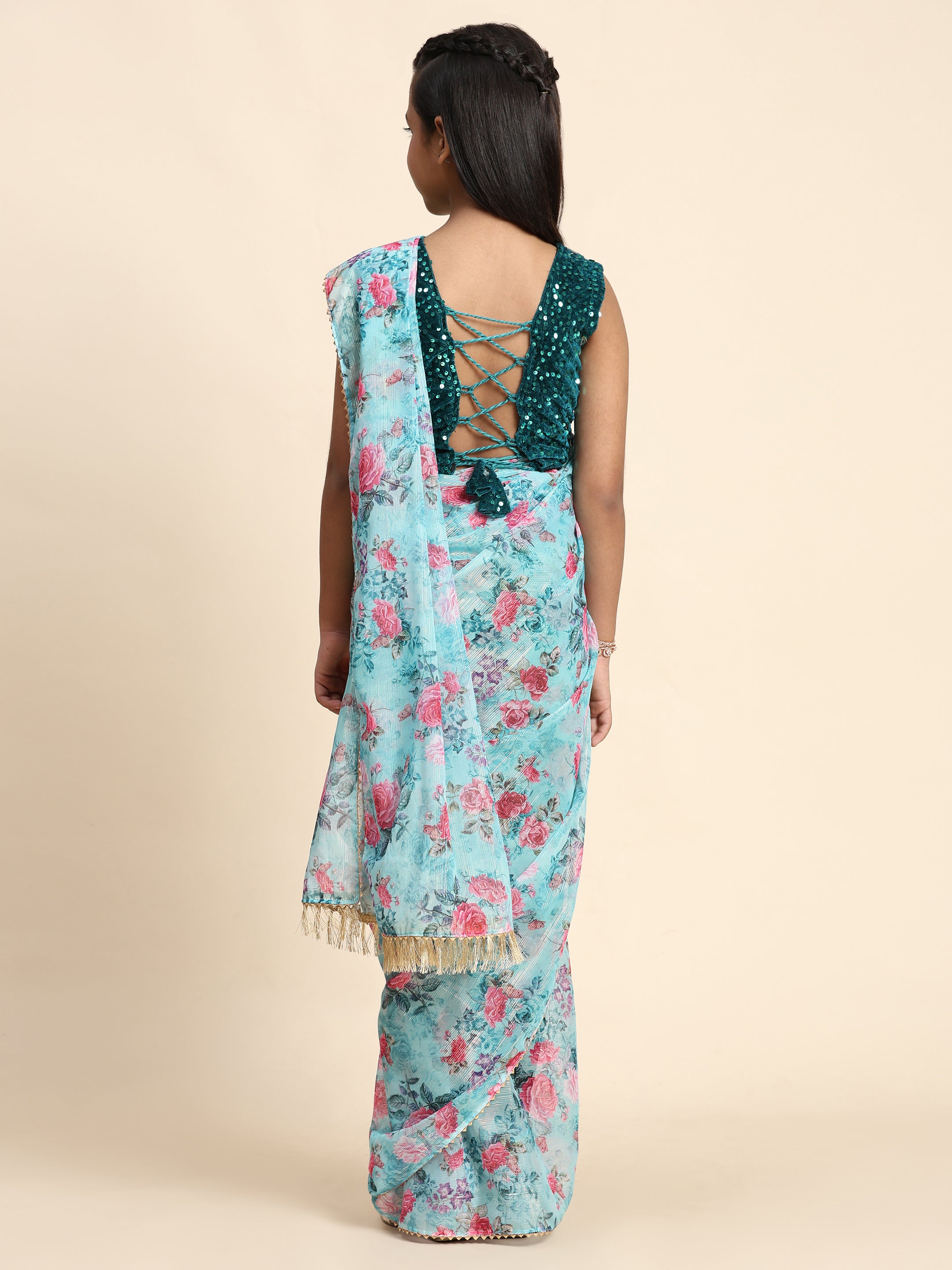 Girls Floral Printed  Ready to Wear Saree with Unstitched Velvet Sequin Blouse