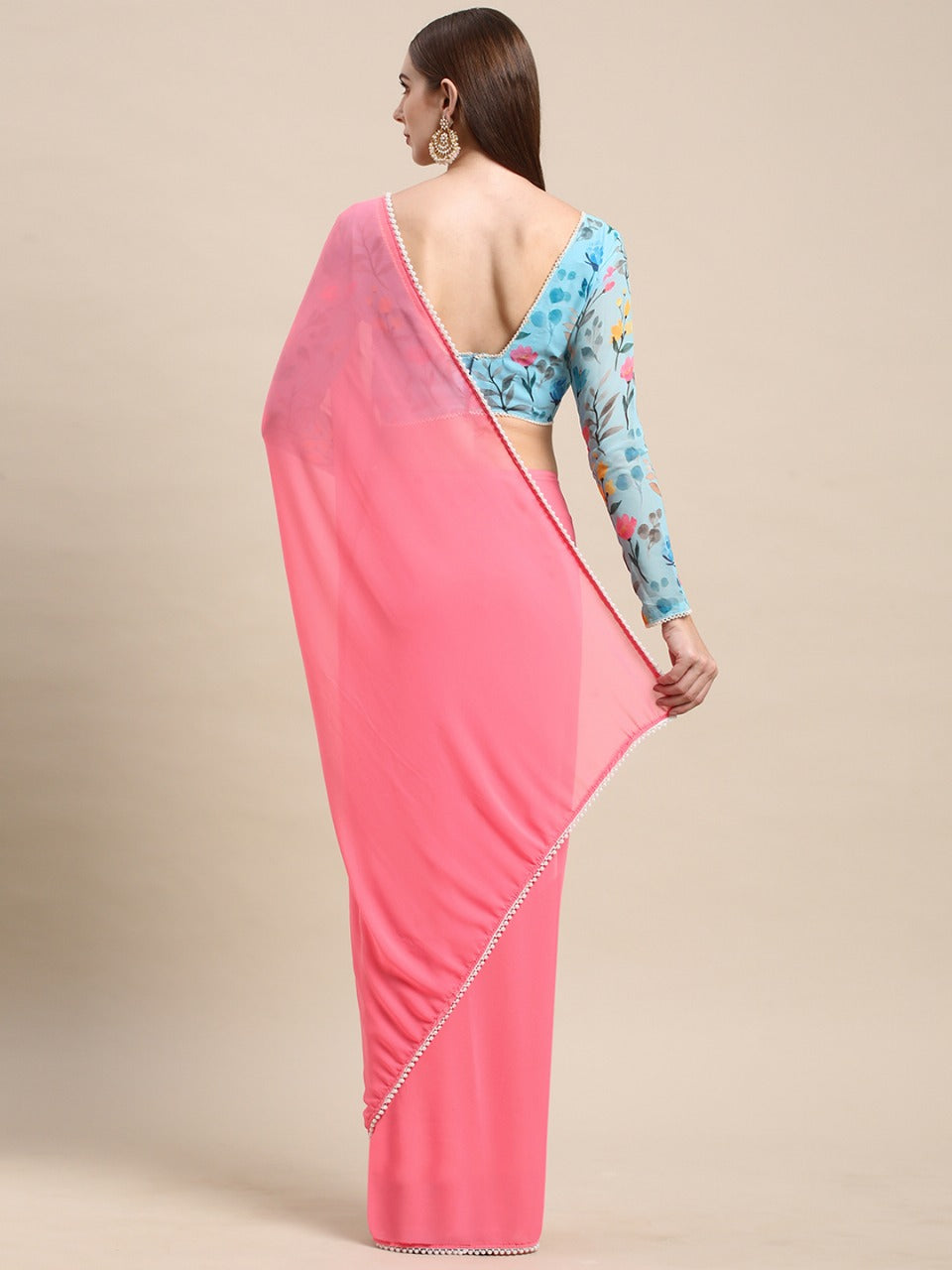 Womens Pure Georgette Peach Solid Saree with Printed Blouse