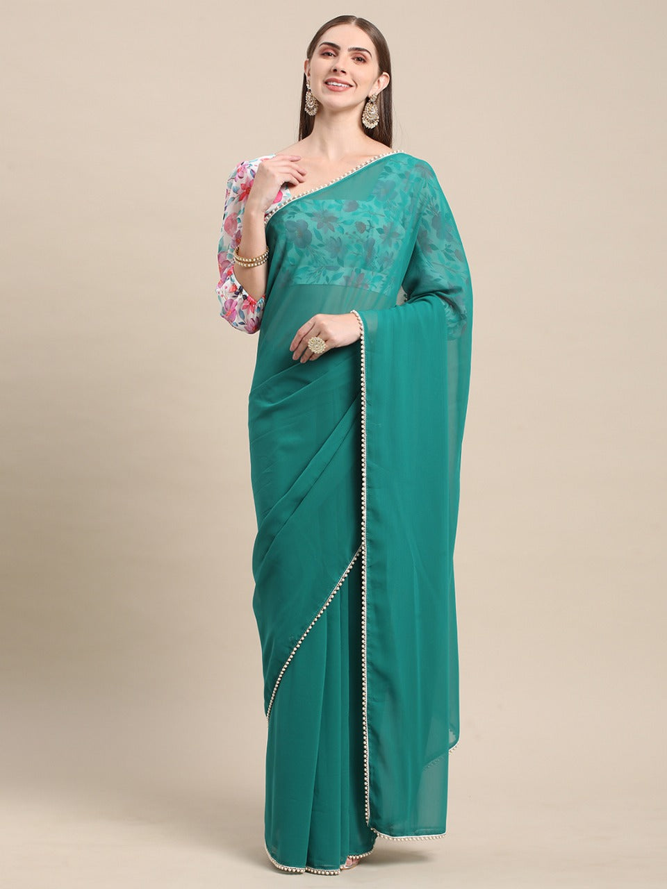 Womens Pure Georgette Rama Solid Saree with Printed Blouse