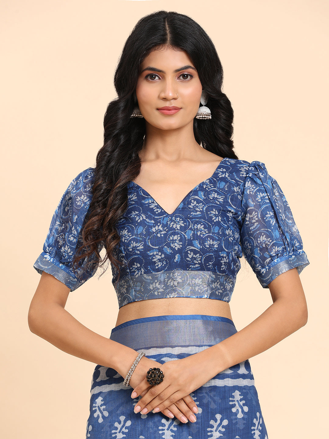 Floral Printed Zari Linen Saree
