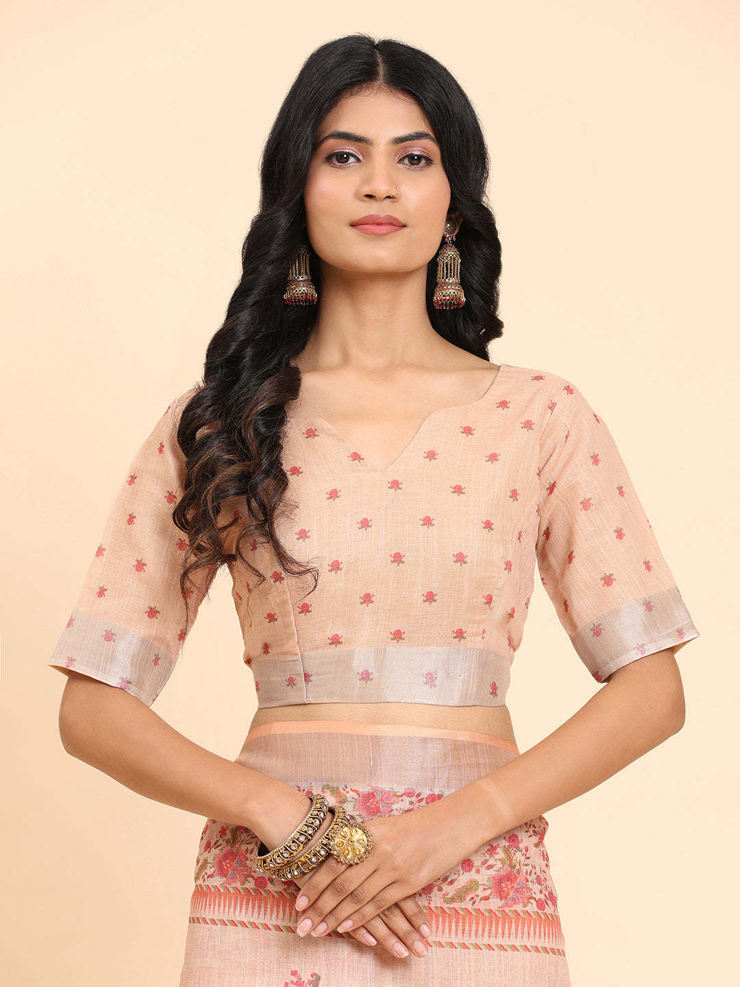 Floral Printed Zari Linen Saree
