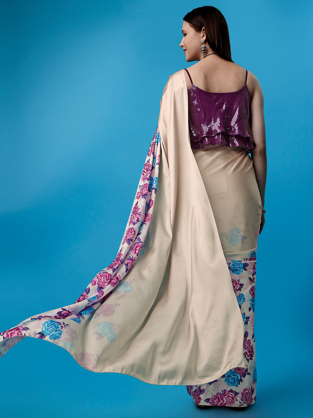 Womens Designer Ivory Printed Saree with Purple Sequence Blouse