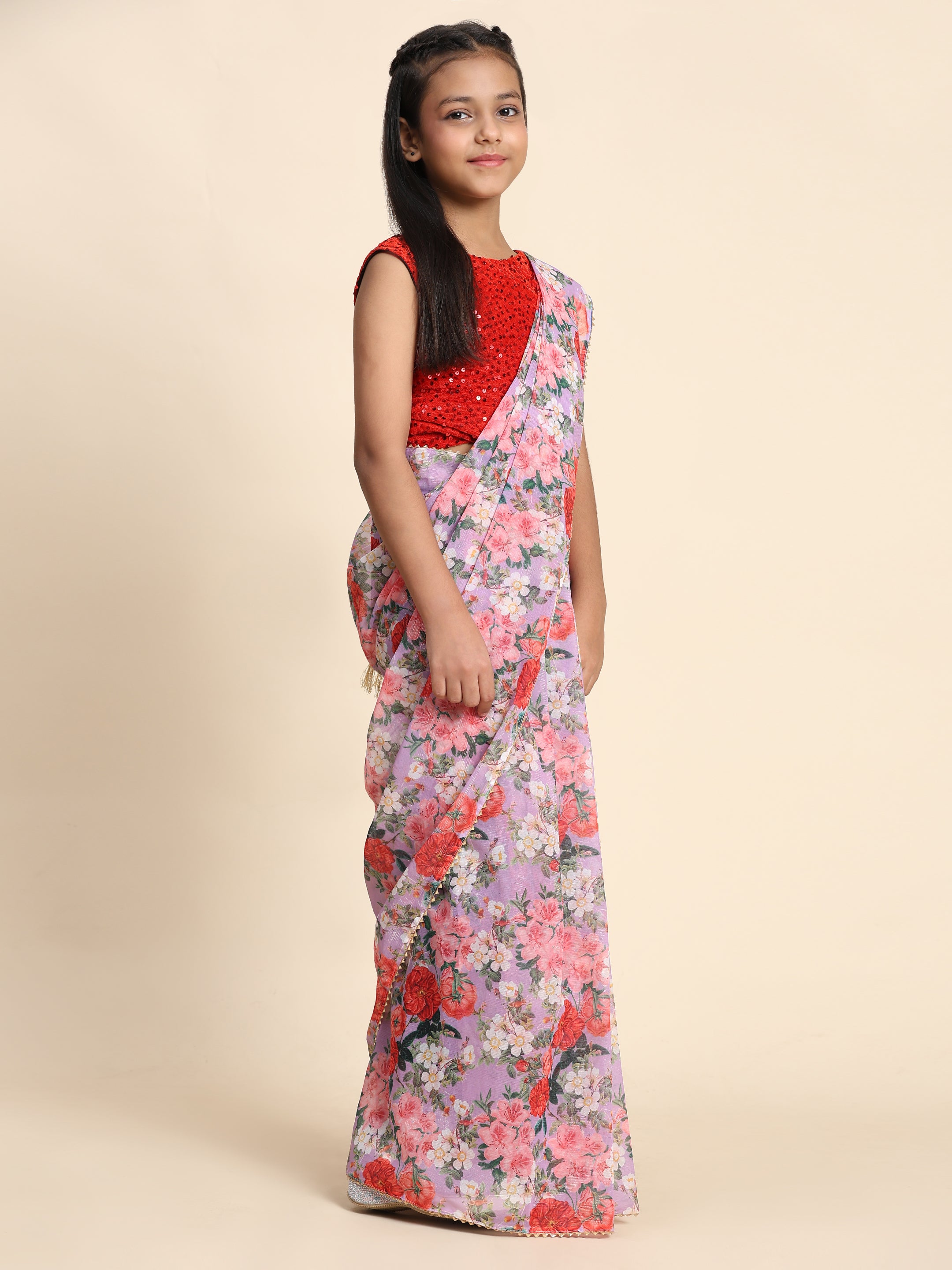 Girls Floral Printed  Ready to Wear Saree with Unstitched Velvet Sequin Blouse