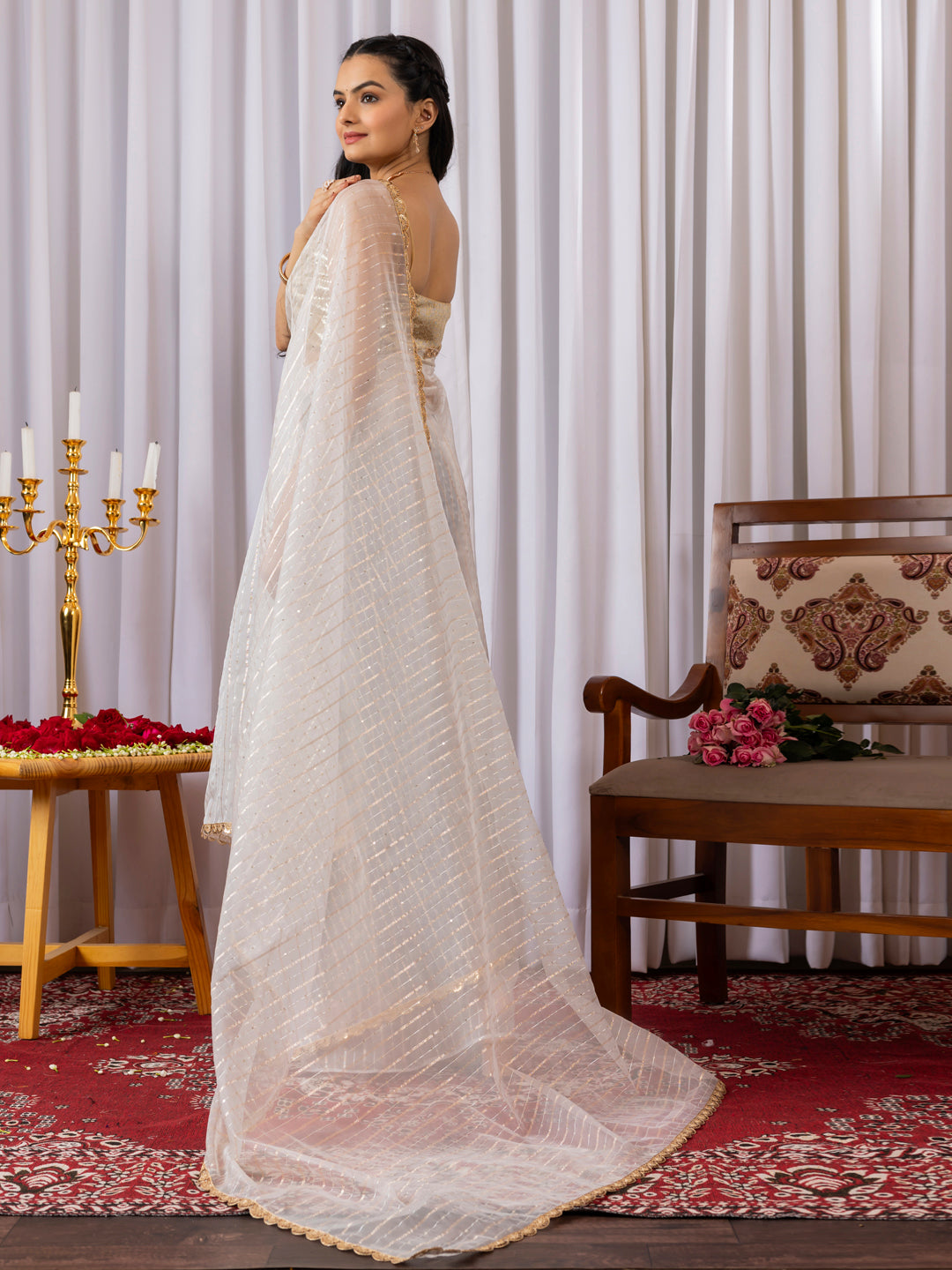 Womens Designer Sequence Embroidery White Saree