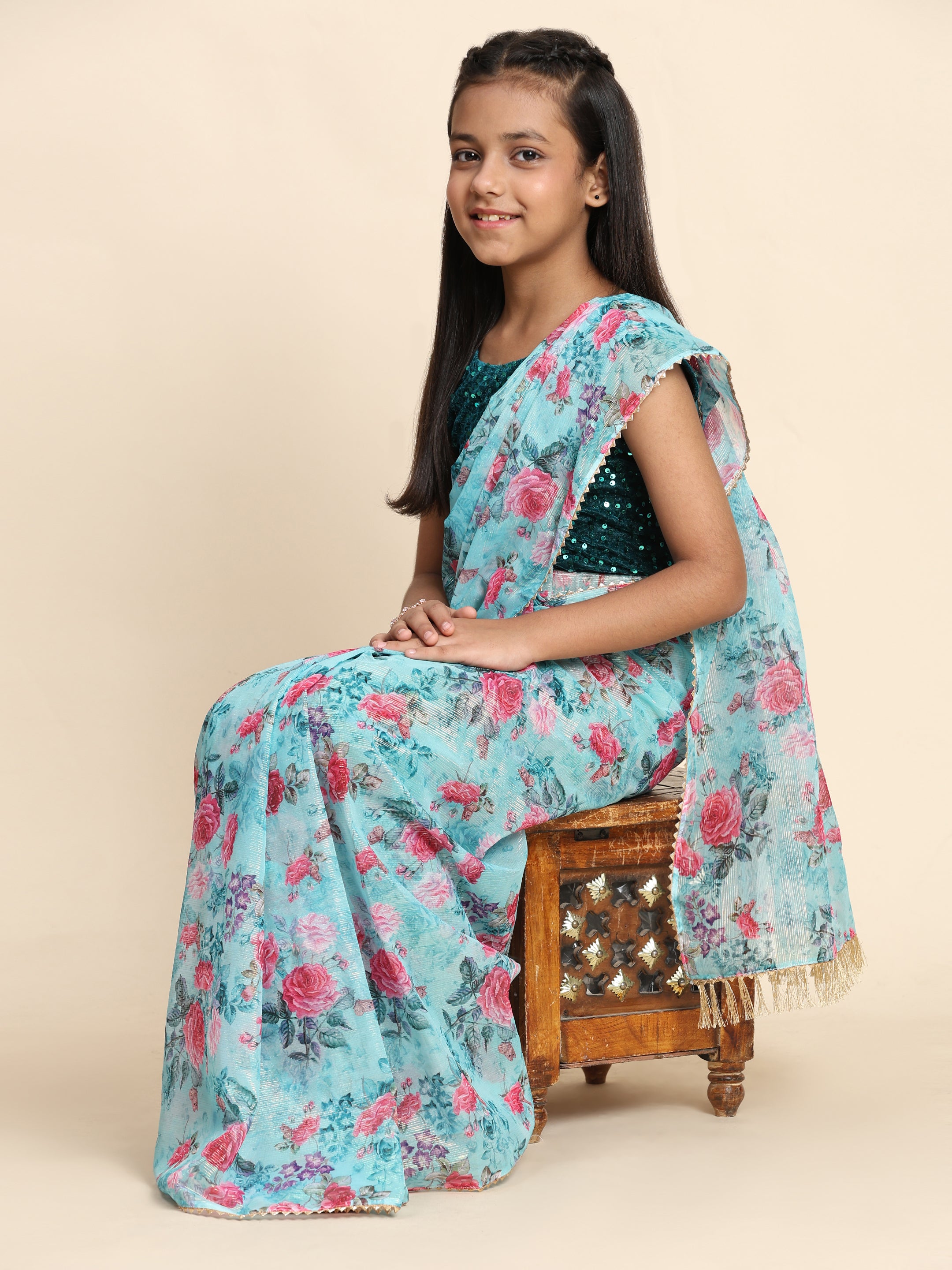 Girls Floral Printed  Ready to Wear Saree with Unstitched Velvet Sequin Blouse