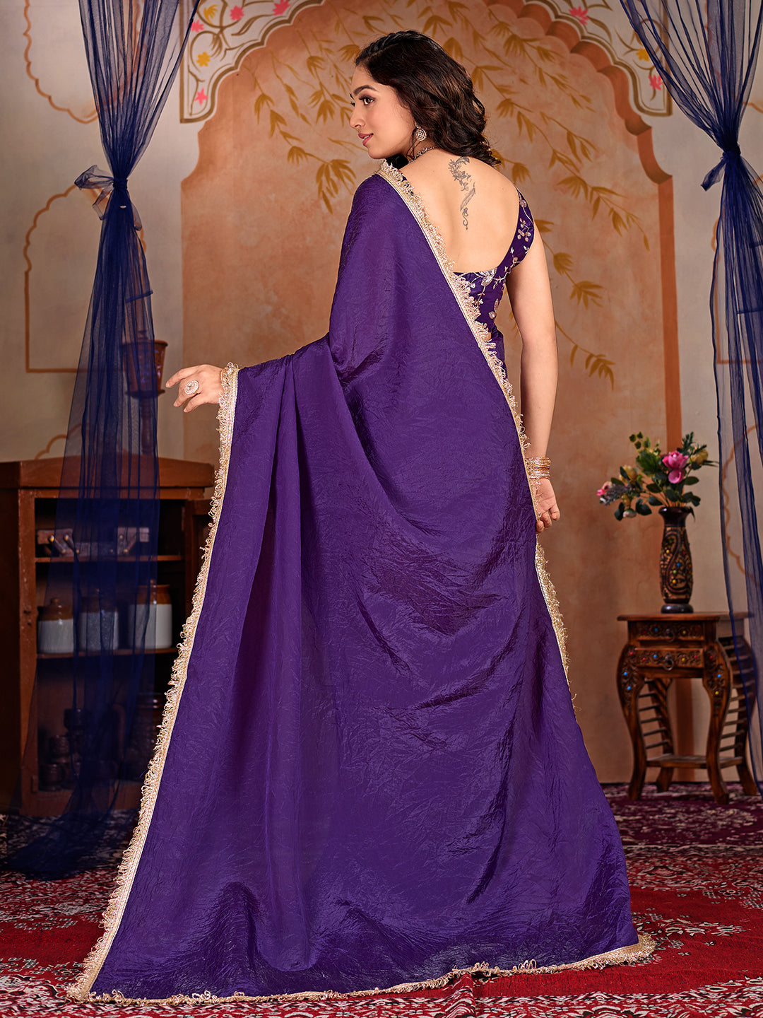 Womens Designer Crush Silk lace saree with Embroidery Blouse