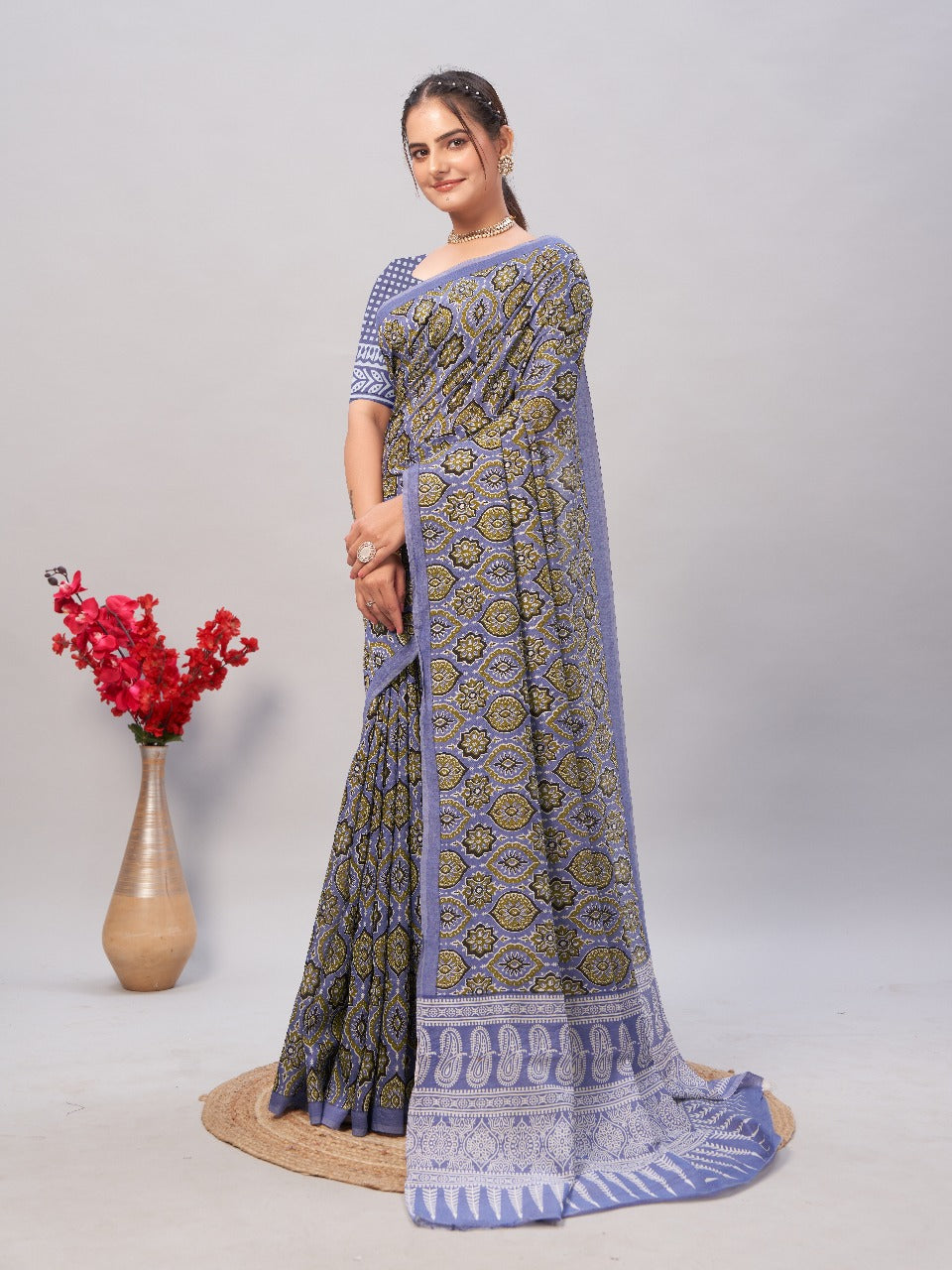 Womens Pure Mul Cotton Ajrakh Print Saree