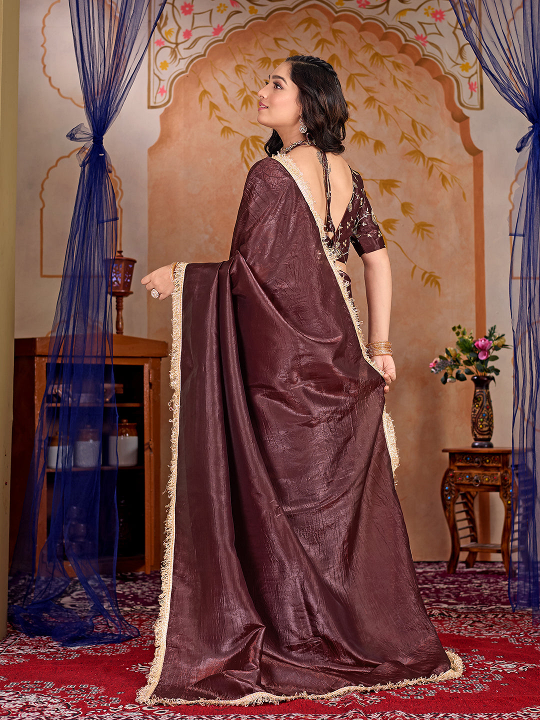 Womens Designer Crush Silk lace saree with Embroidery Blouse