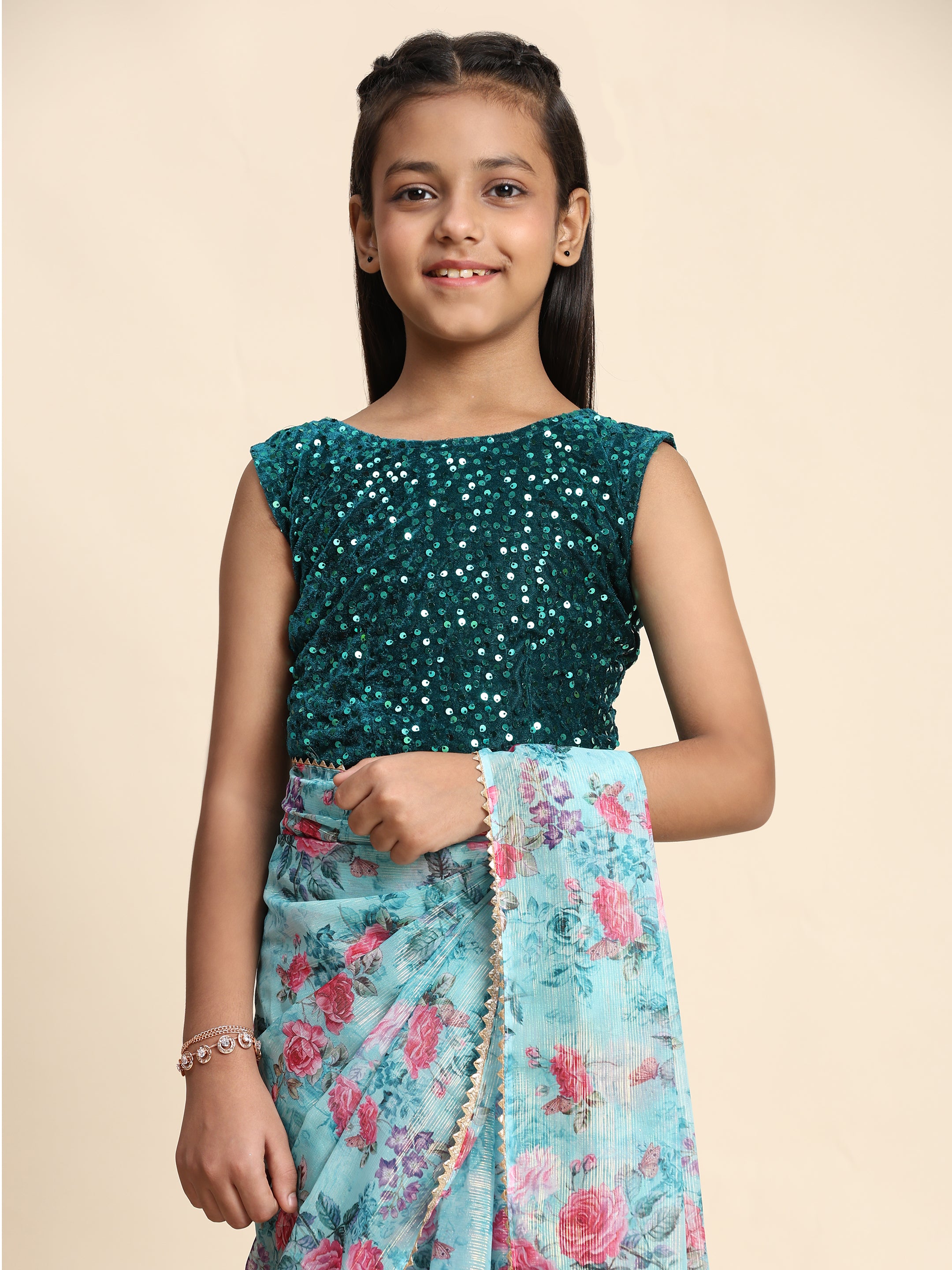 Girls Floral Printed  Ready to Wear Saree with Unstitched Velvet Sequin Blouse