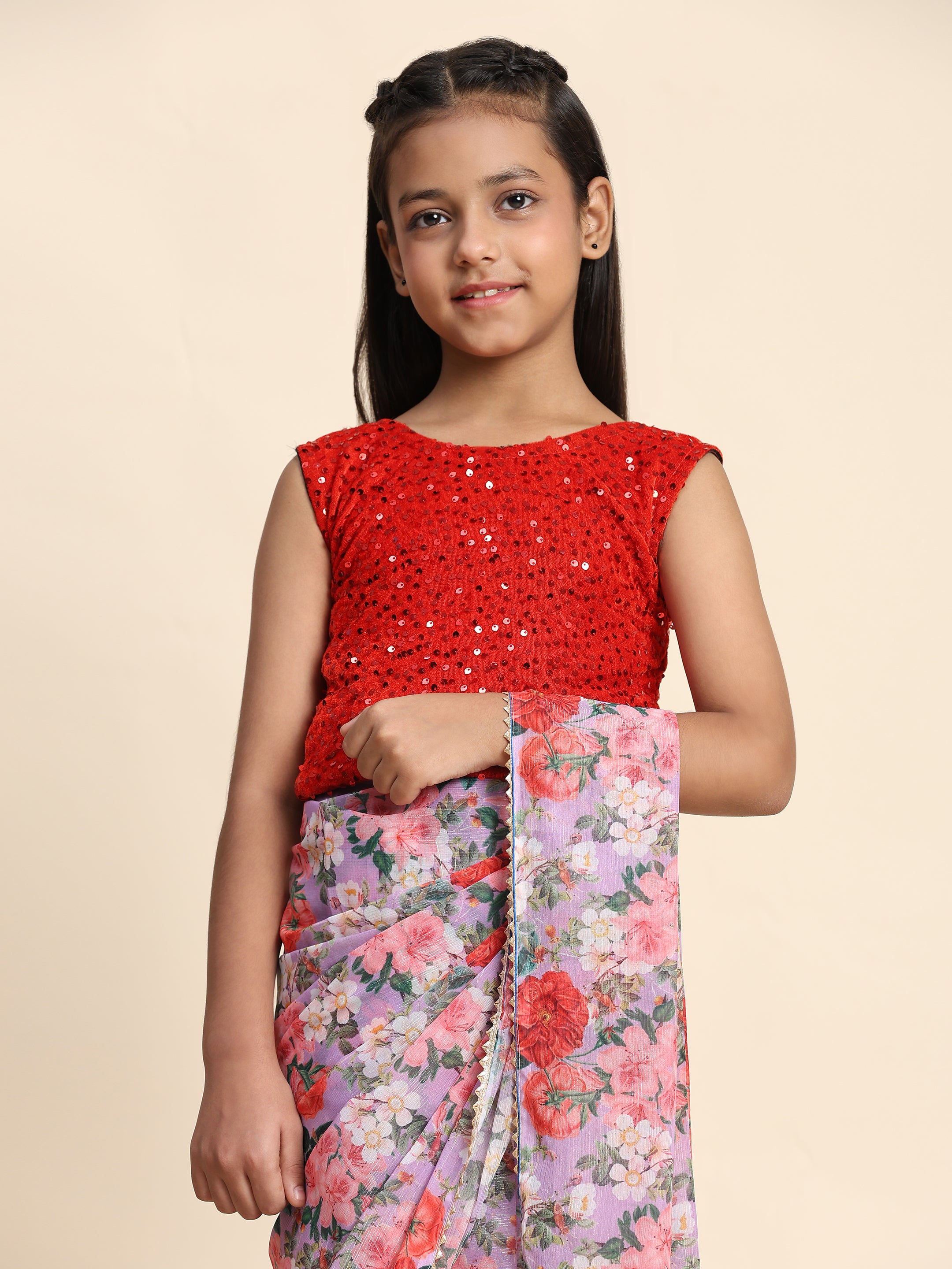 Girls Floral Printed  Ready to Wear Saree with Unstitched Velvet Sequin Blouse