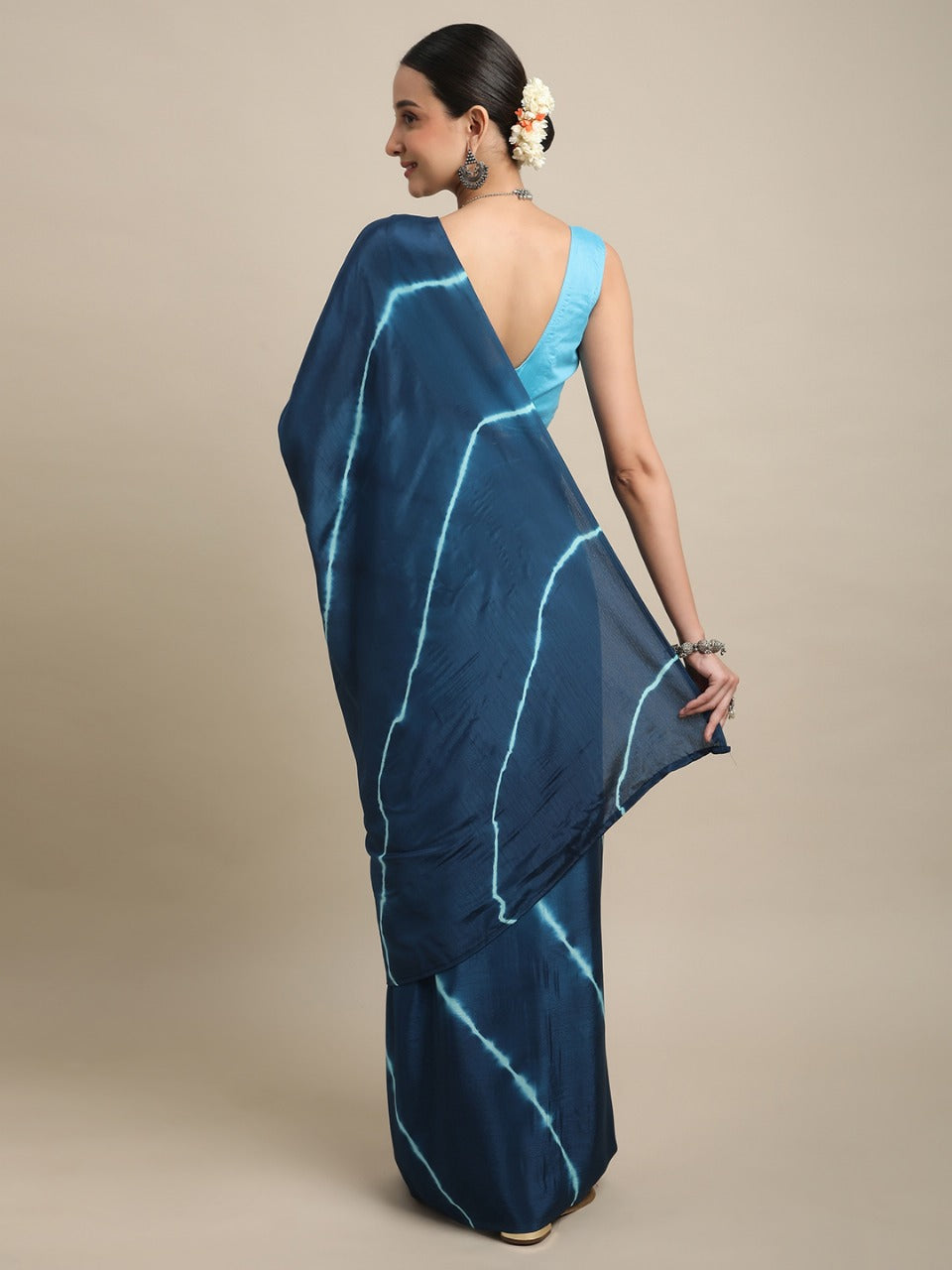 Womens Teal Blue Leheriya Printed Saree