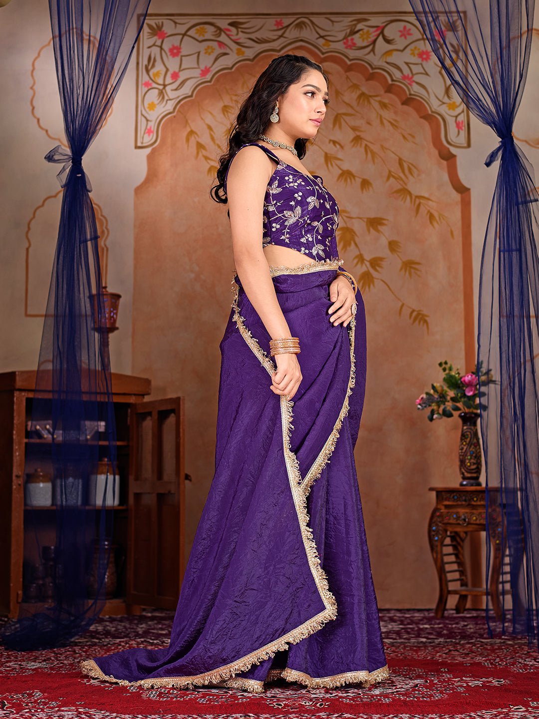 Womens Designer Crush Silk lace saree with Embroidery Blouse
