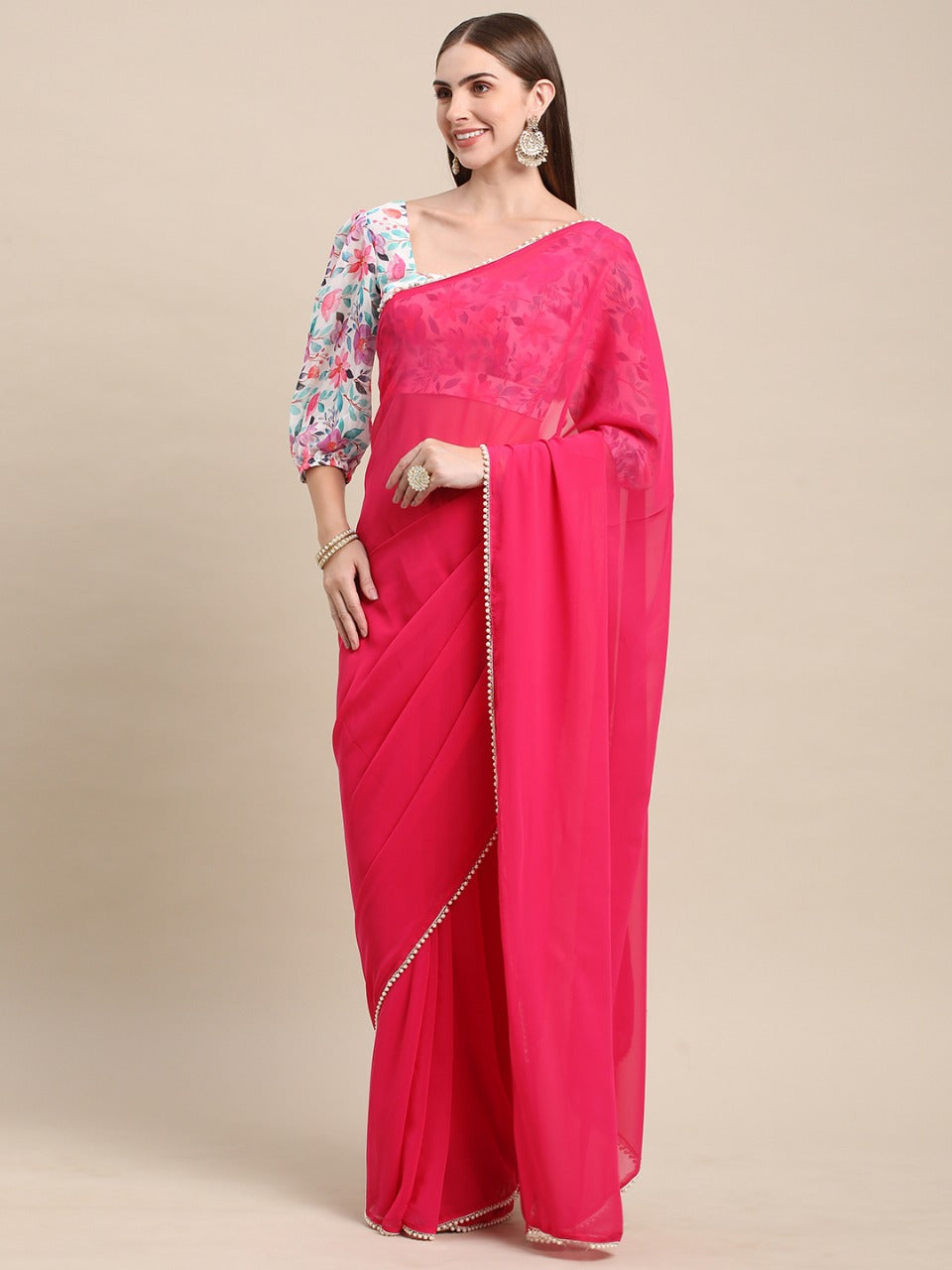 Womens Pure Georgette Rani Solid Saree with Printed Blouse