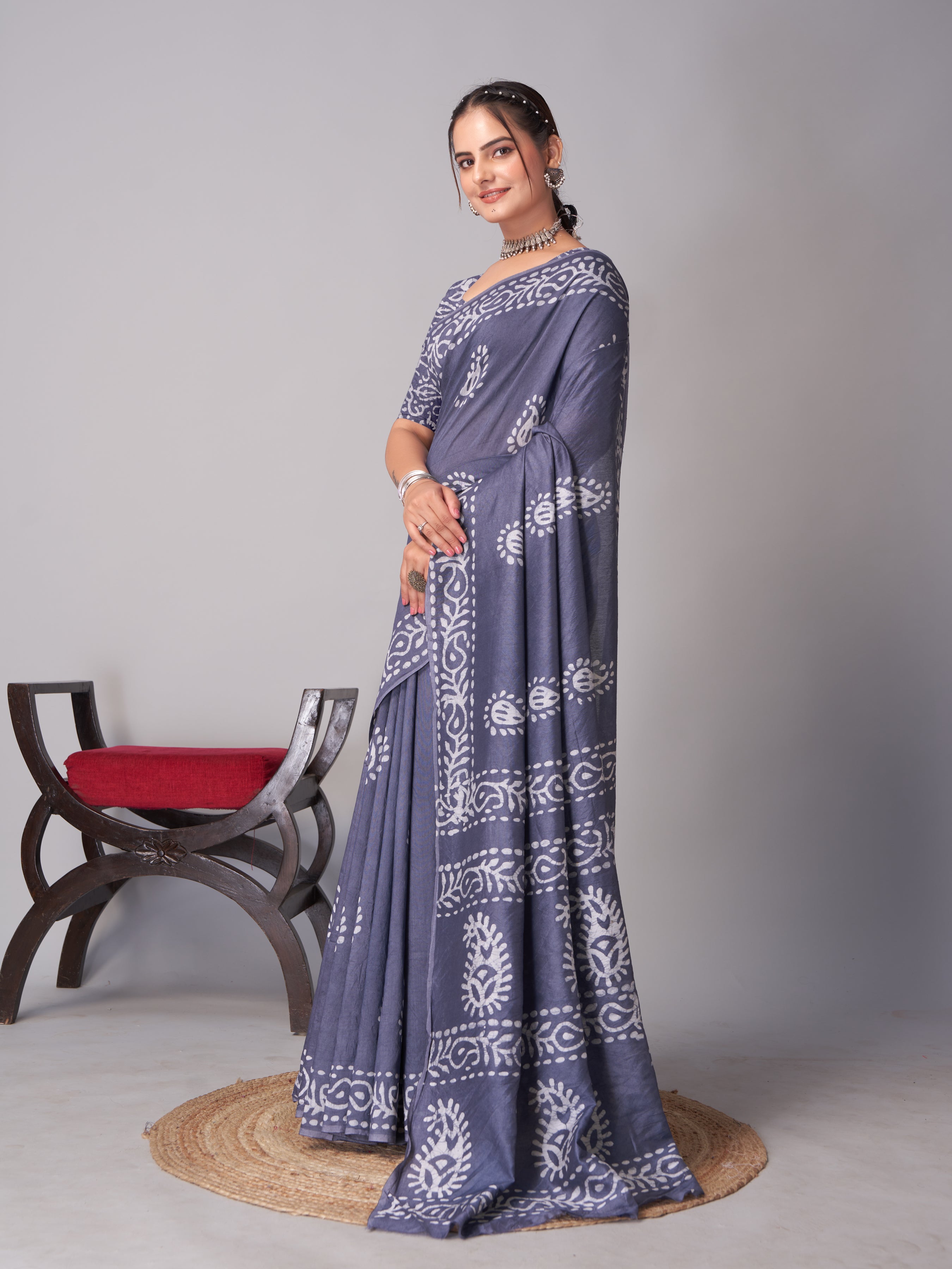 Womens Pure Mul Cotton Batik Print Wine Mango Grey Saree