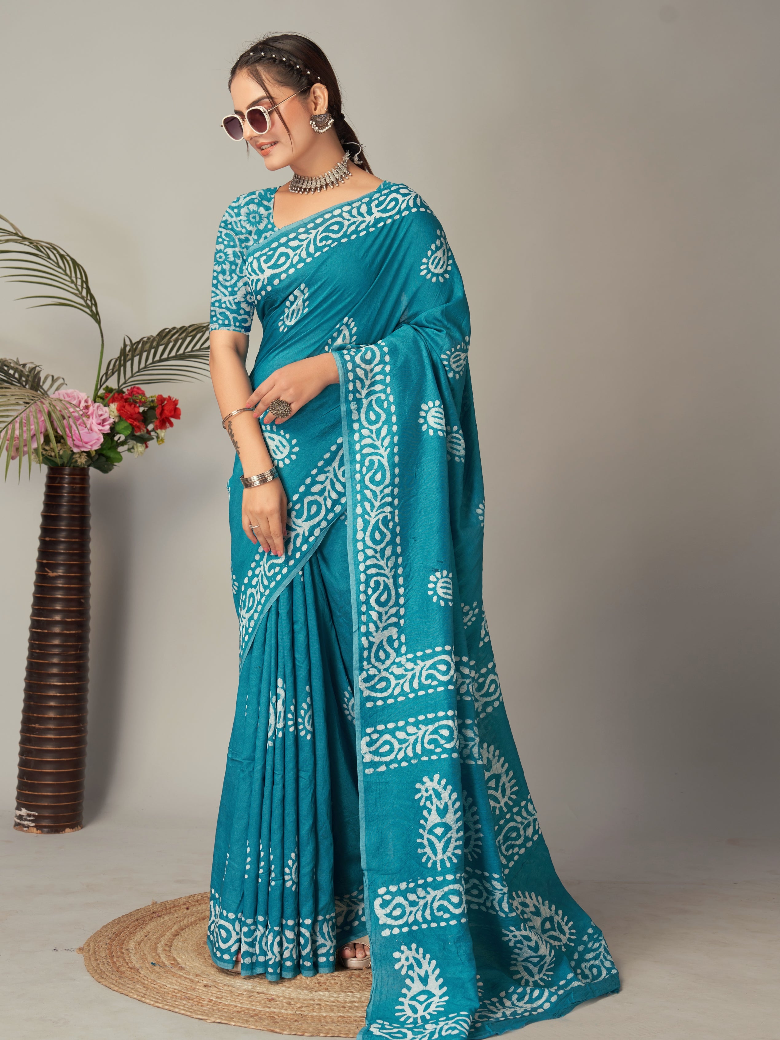 Womens Pure Mul Cotton Batik Print Wine Batik Mango Green Rama Saree