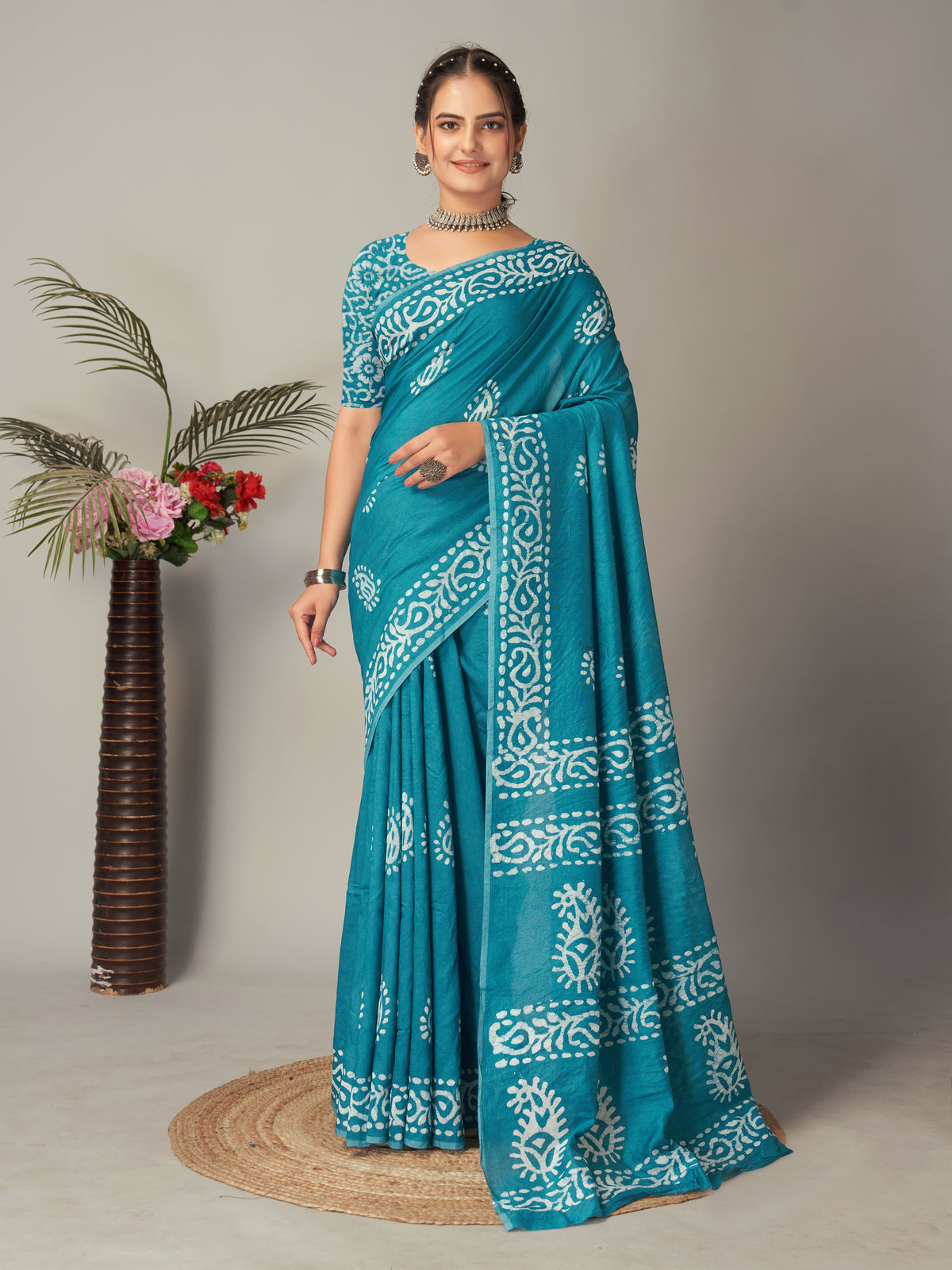 Womens Pure Mul Cotton Batik Print Wine Batik Mango Green Rama Saree