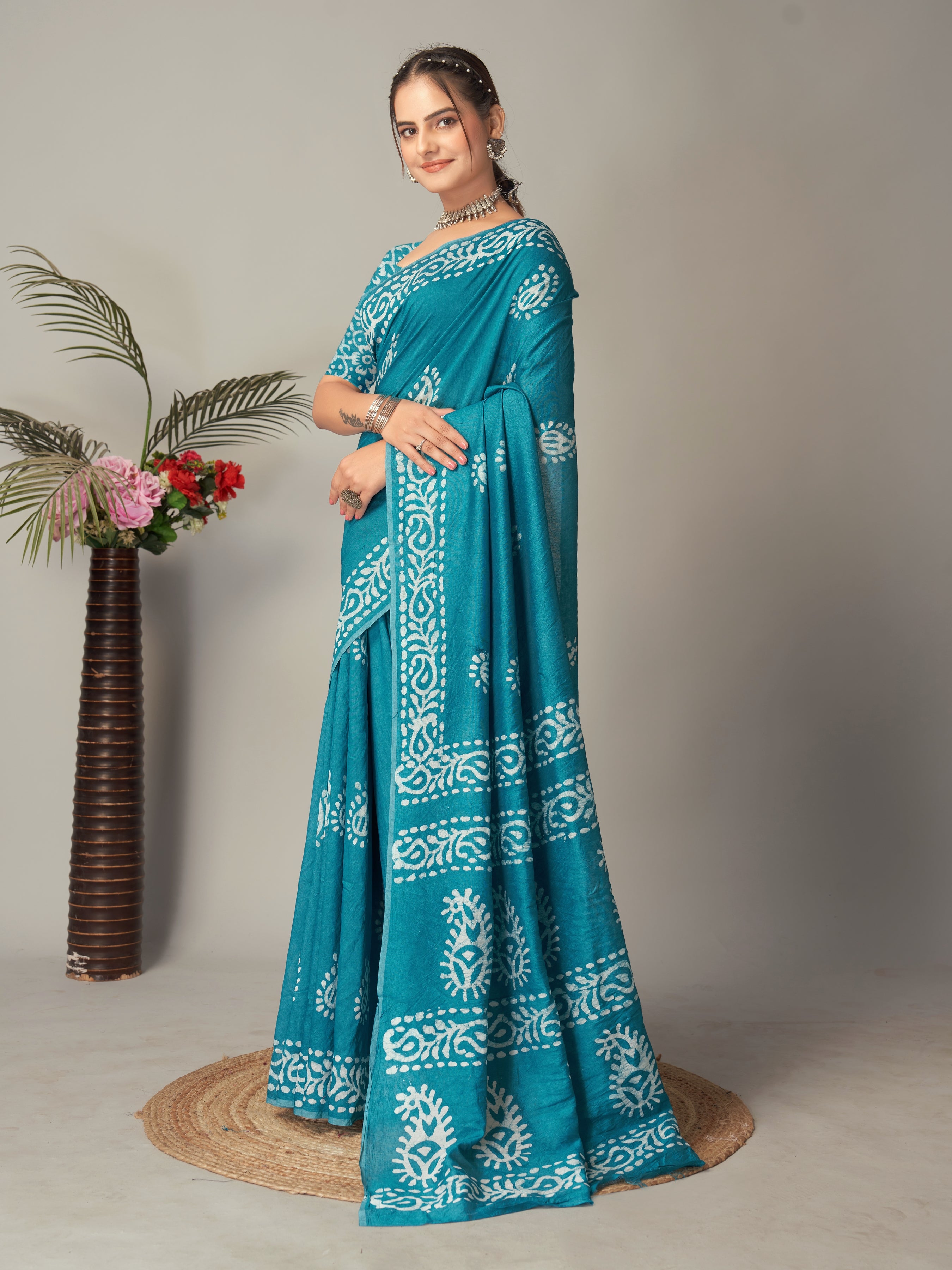 Womens Pure Mul Cotton Batik Print Wine Batik Mango Green Rama Saree