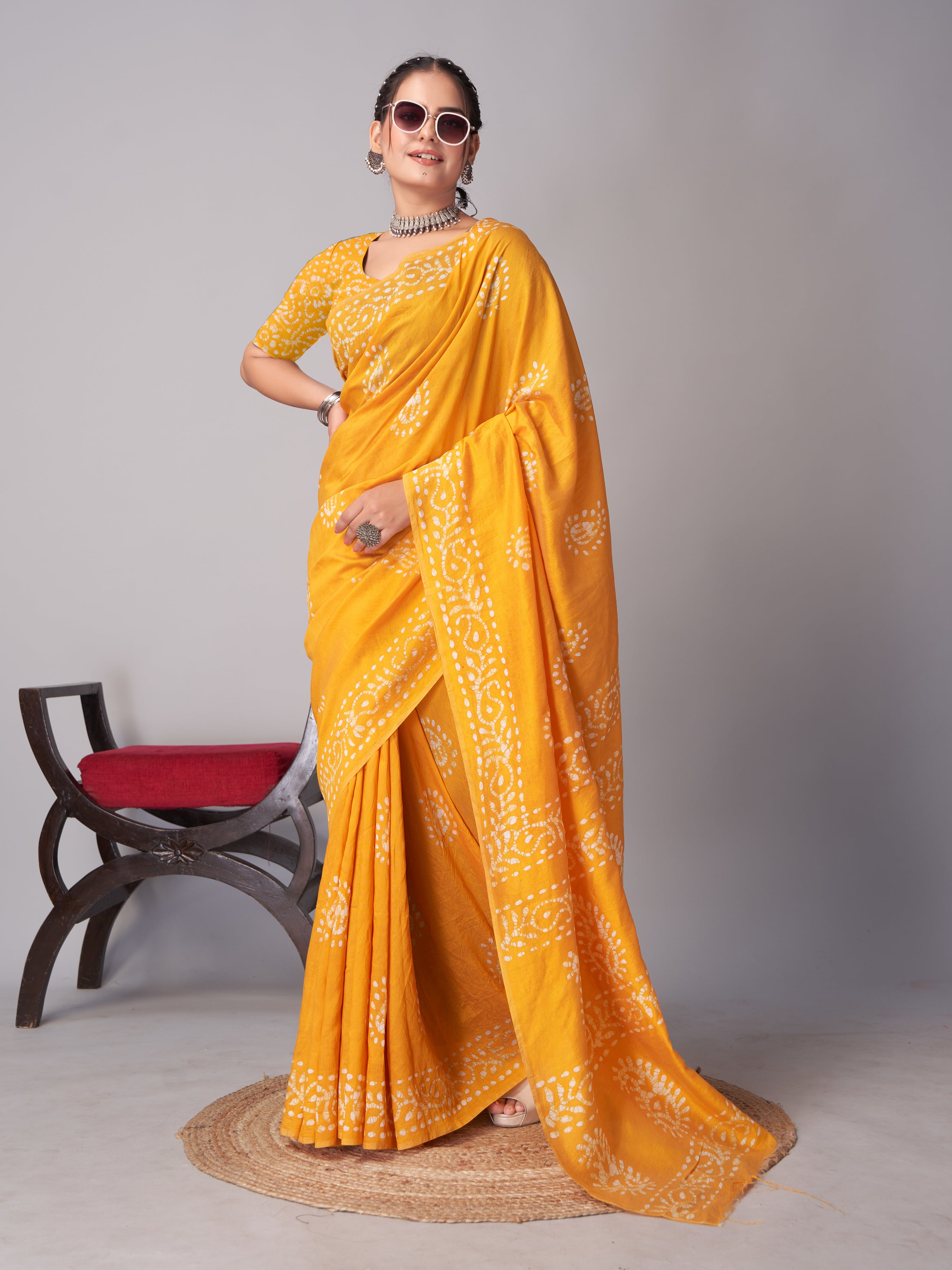 Womens Pure Mul Cotton Batik Print Wine Batik Mango Yellow Saree