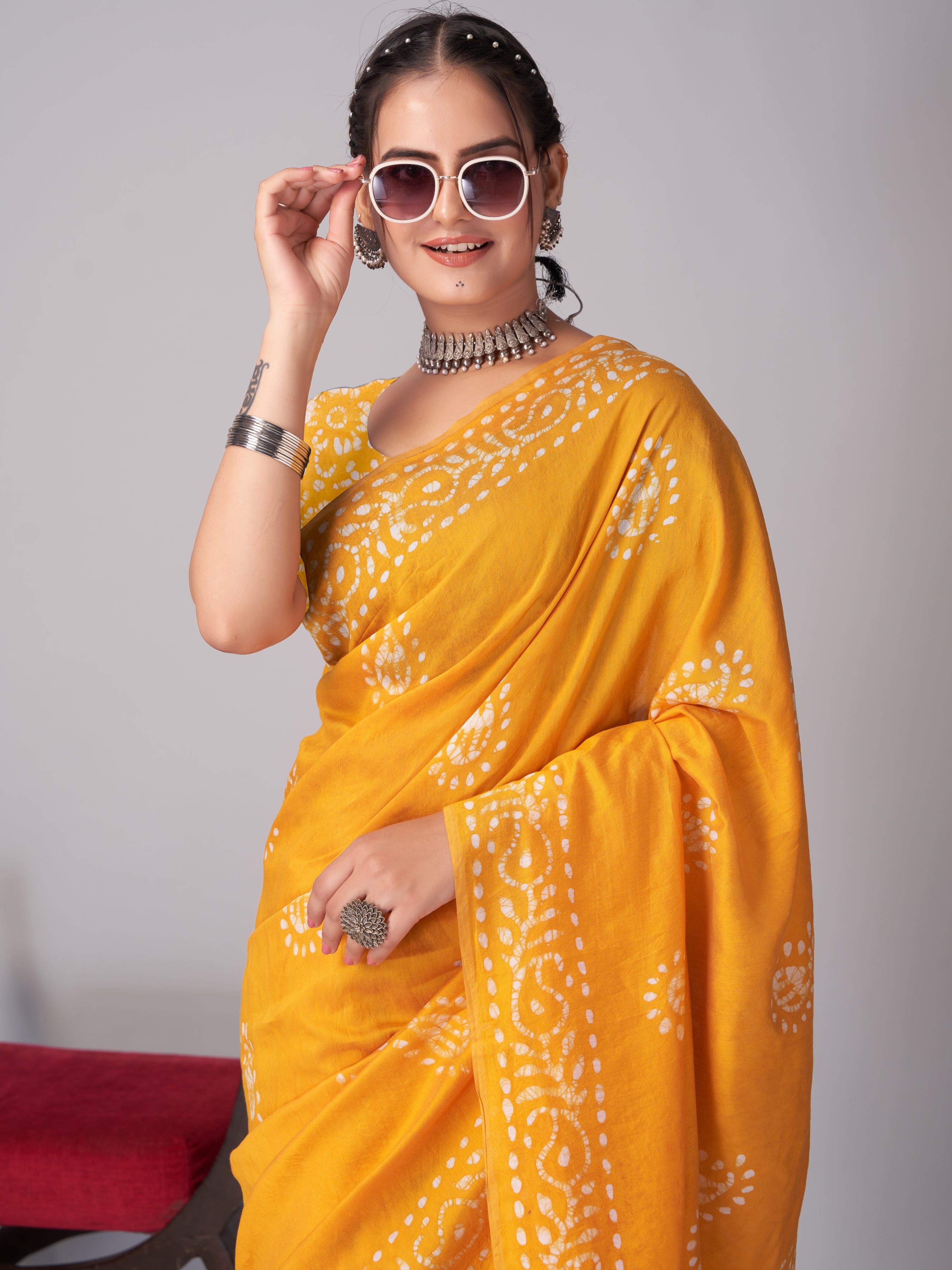 Womens Pure Mul Cotton Batik Print Wine Batik Mango Yellow Saree