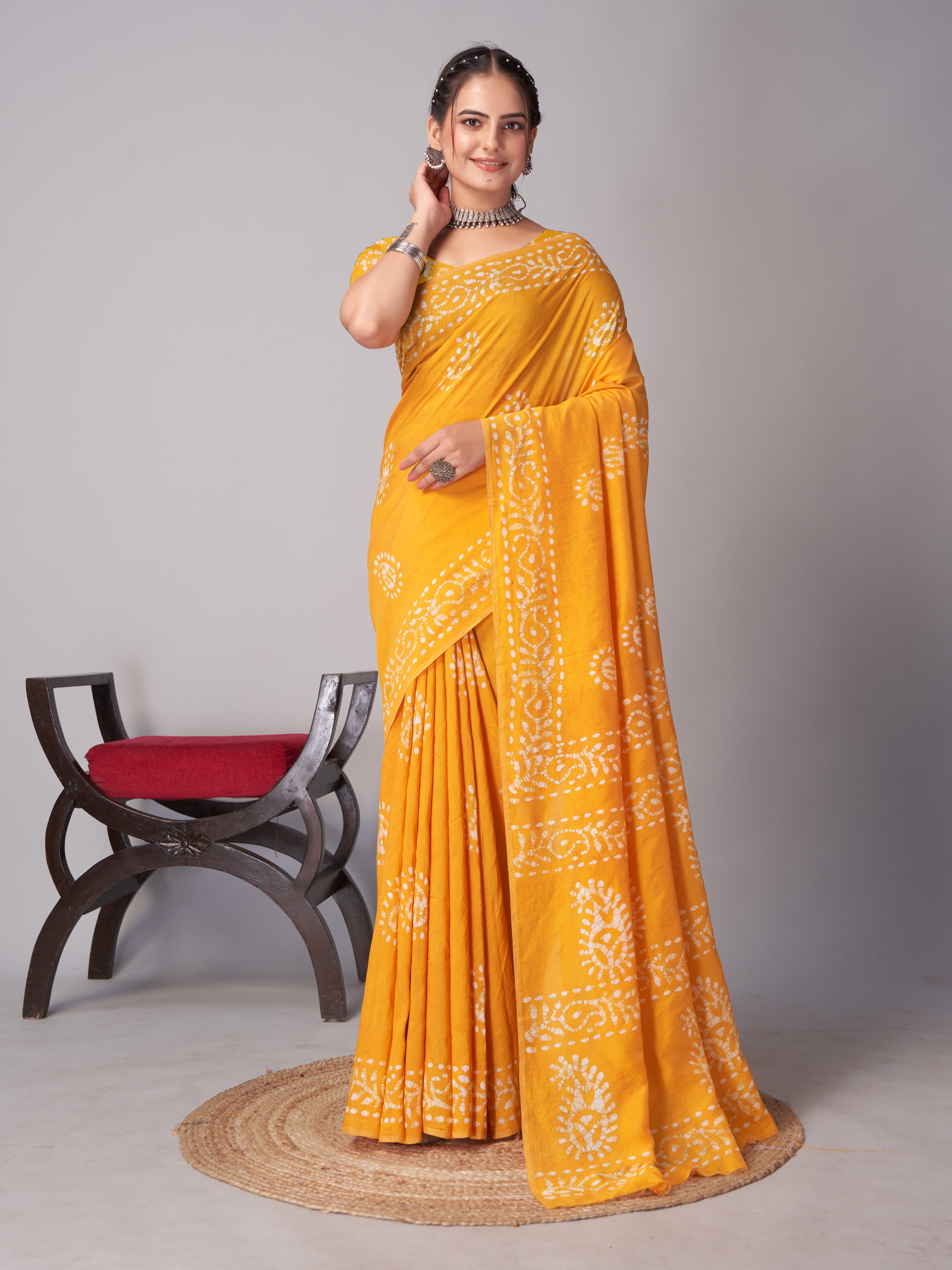 Womens Pure Mul Cotton Batik Print Wine Batik Mango Yellow Saree