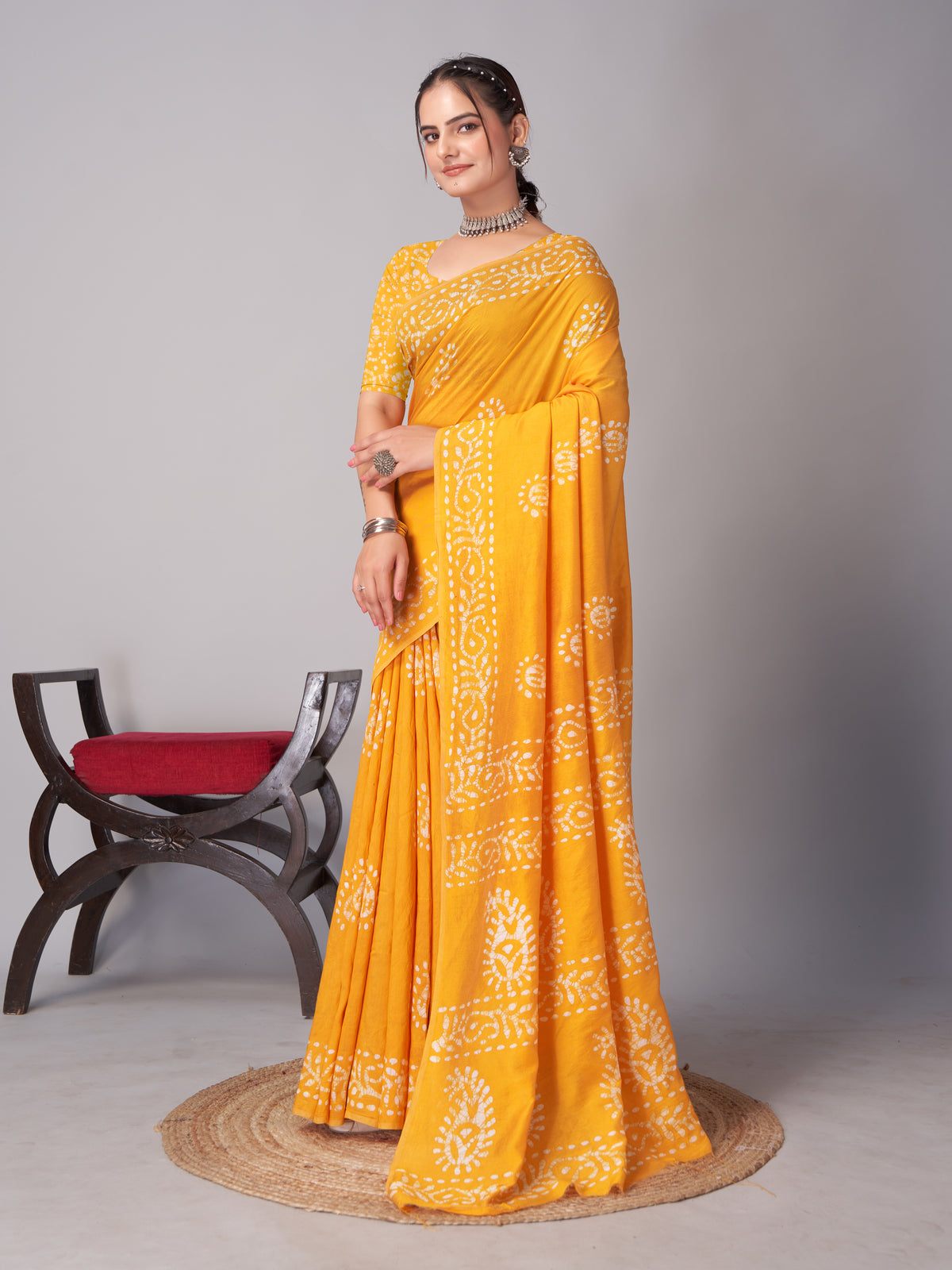 Womens Pure Mul Cotton Batik Print Wine Batik Mango Yellow Saree